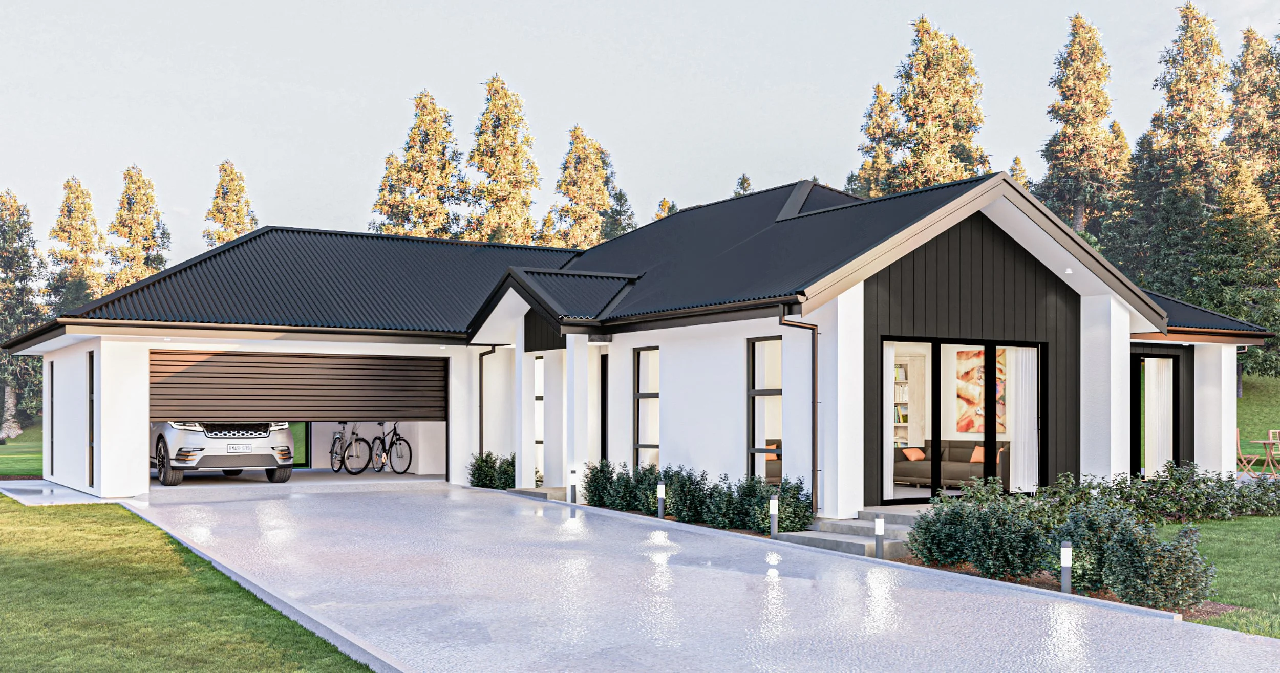 Exterior render of the front yard for turn-key home Bordeaux, a design made for Gillies Group's Maymorn Farm. Features a double garage and large windows