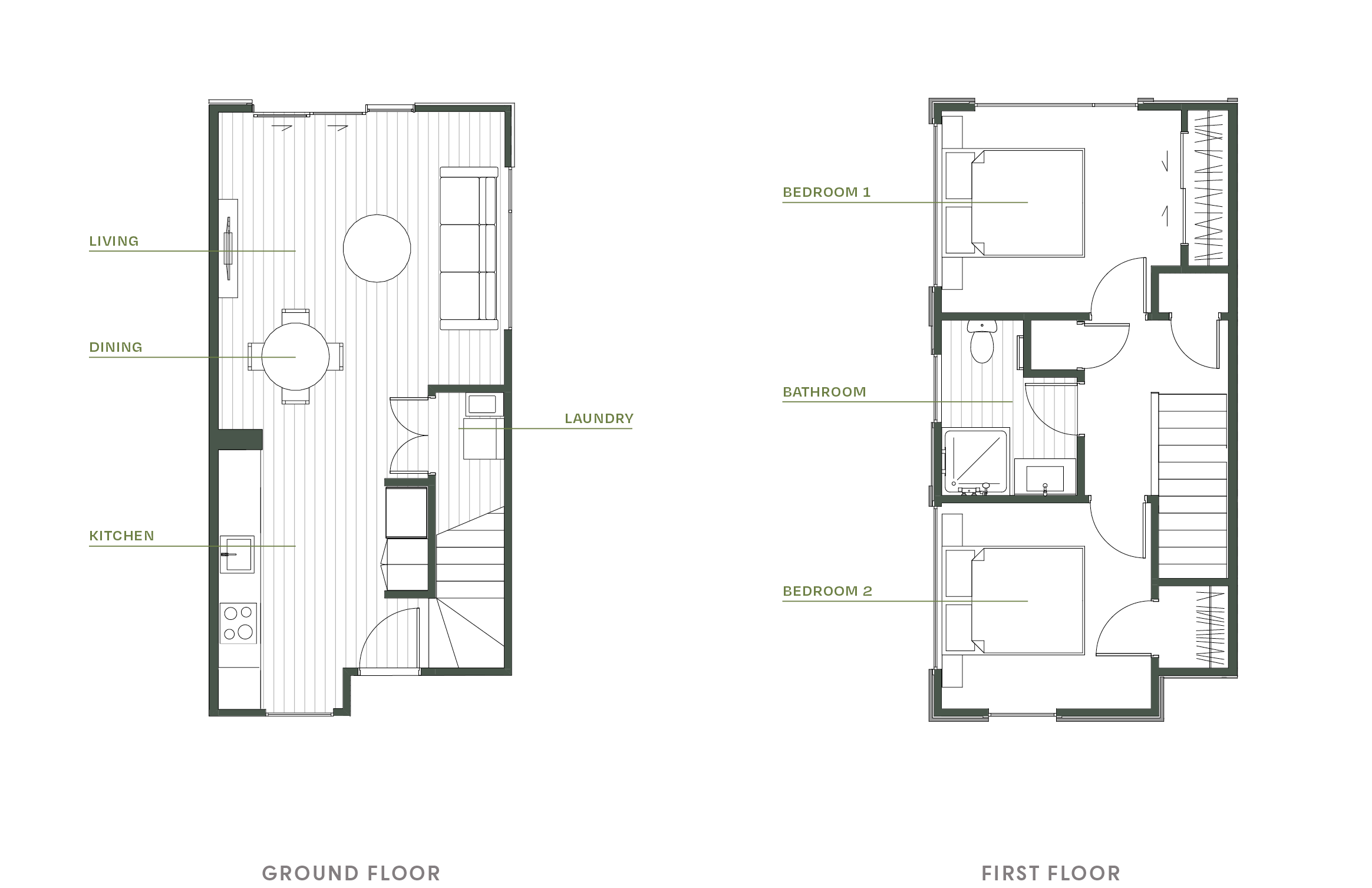 Ground and first floor plans for Type A, a house option in Trackside, Wallaceville Estate