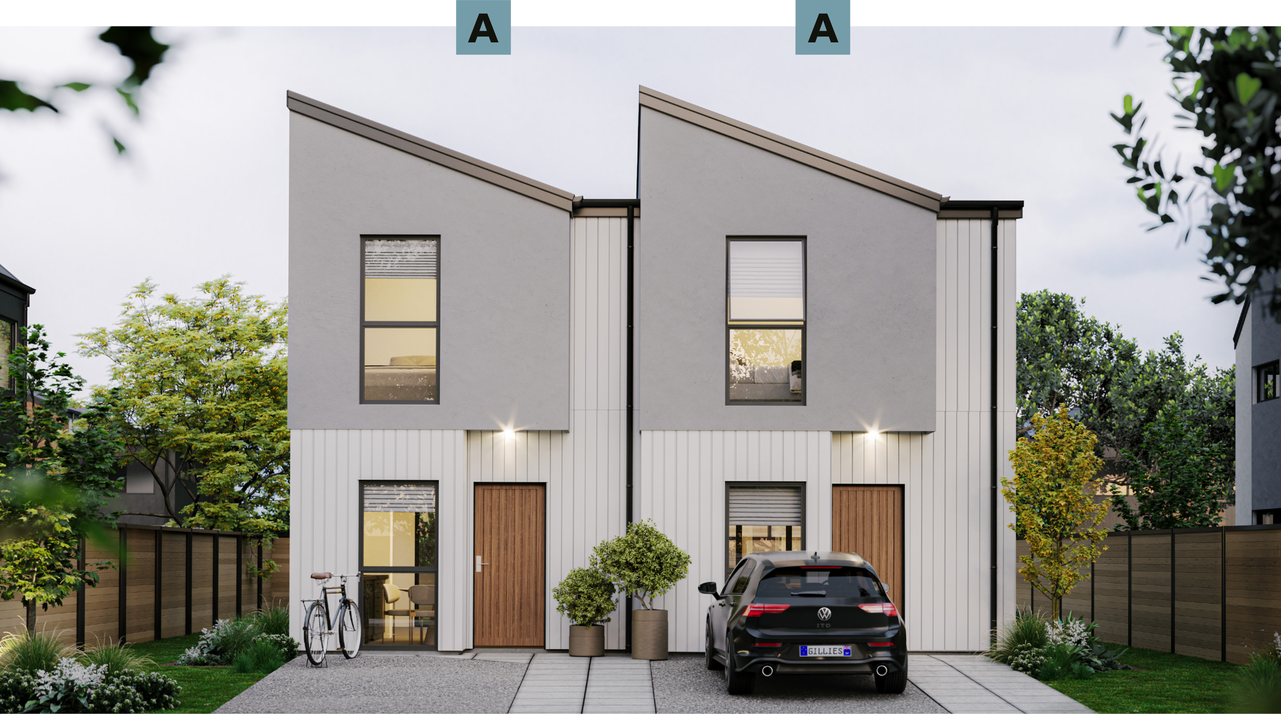 Render of Type A townhouses in Trackside, Wallaceville Estate feature white and grey exteriors with designated carparks out front, surrounded by lush greenery