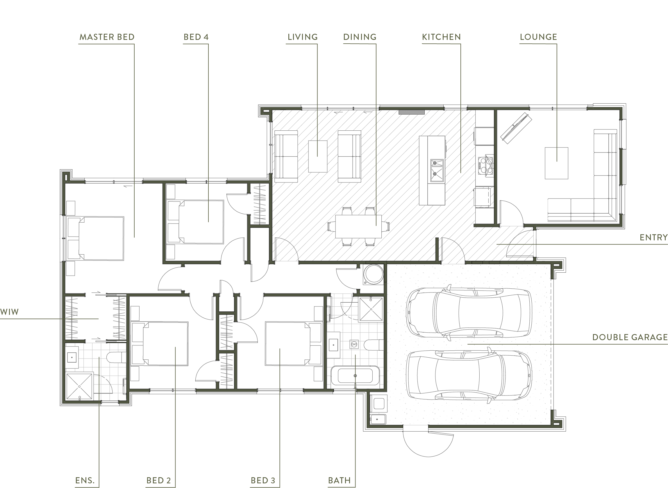 The floor plan of turn-key house design Kōwhai for Maymorn Farm, a residential development in Wellington by Gillies Group