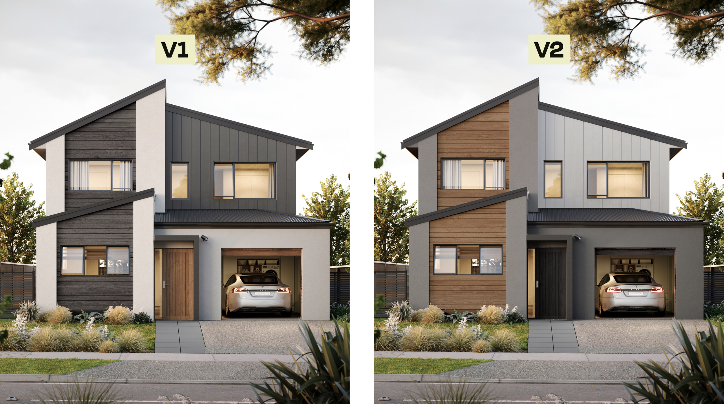 Renders of version 1 and version 2 of the colour options available for the Avendale house design at Trackside, a development by Gillies Group in Wellington