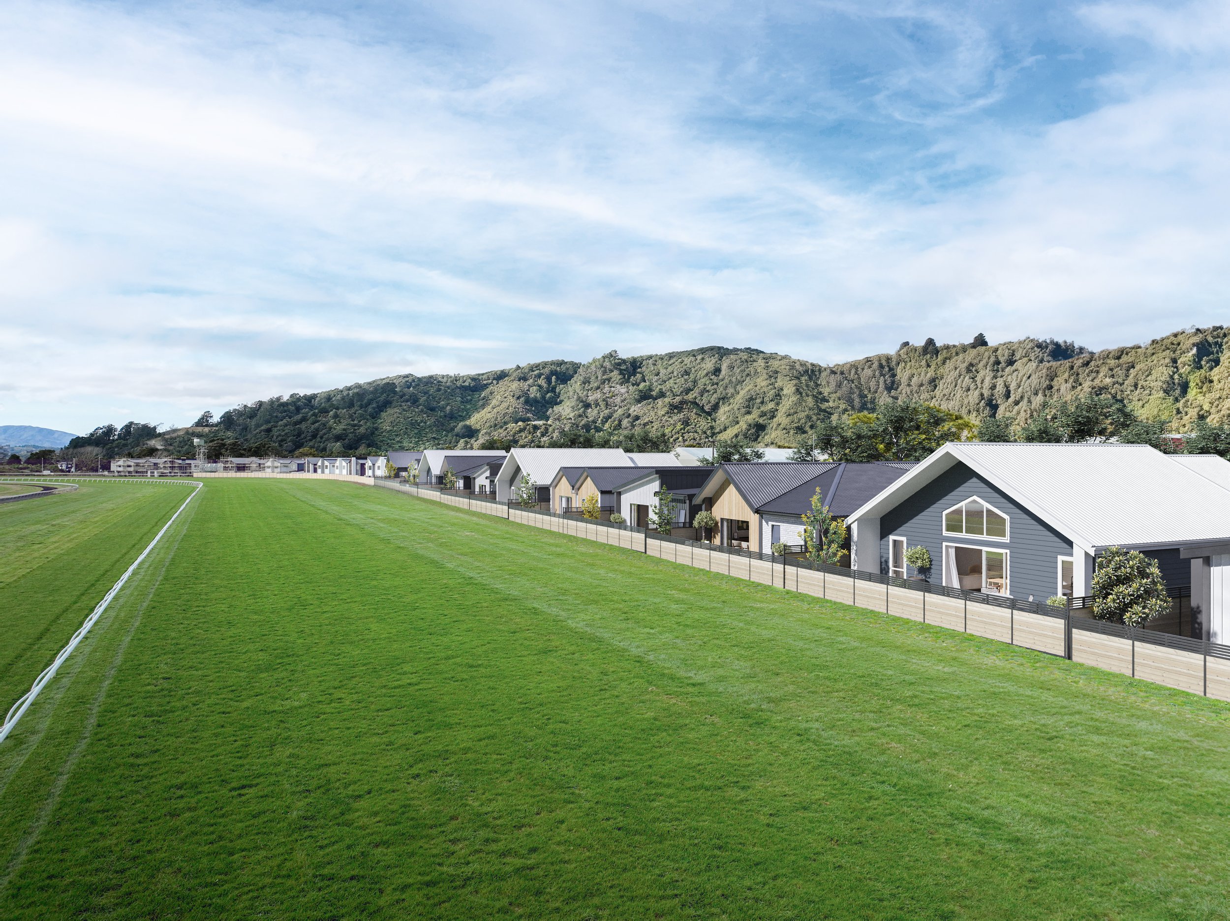 A render of Back Straight, alongside the Trentham Racecourse in Lower Hutt, showcases a row of modern houses with gray and white exteriors, large windows, and small trees in front.