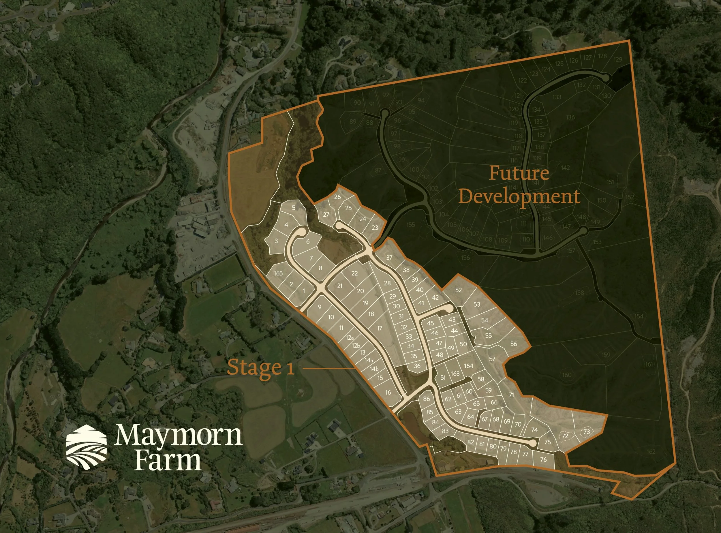 The full sitemap of Maymorn Farm, a recent development by Gillies Group in Wellington New Zealand. Shows the Stage 1 lots, as well as the location of the future development plans
