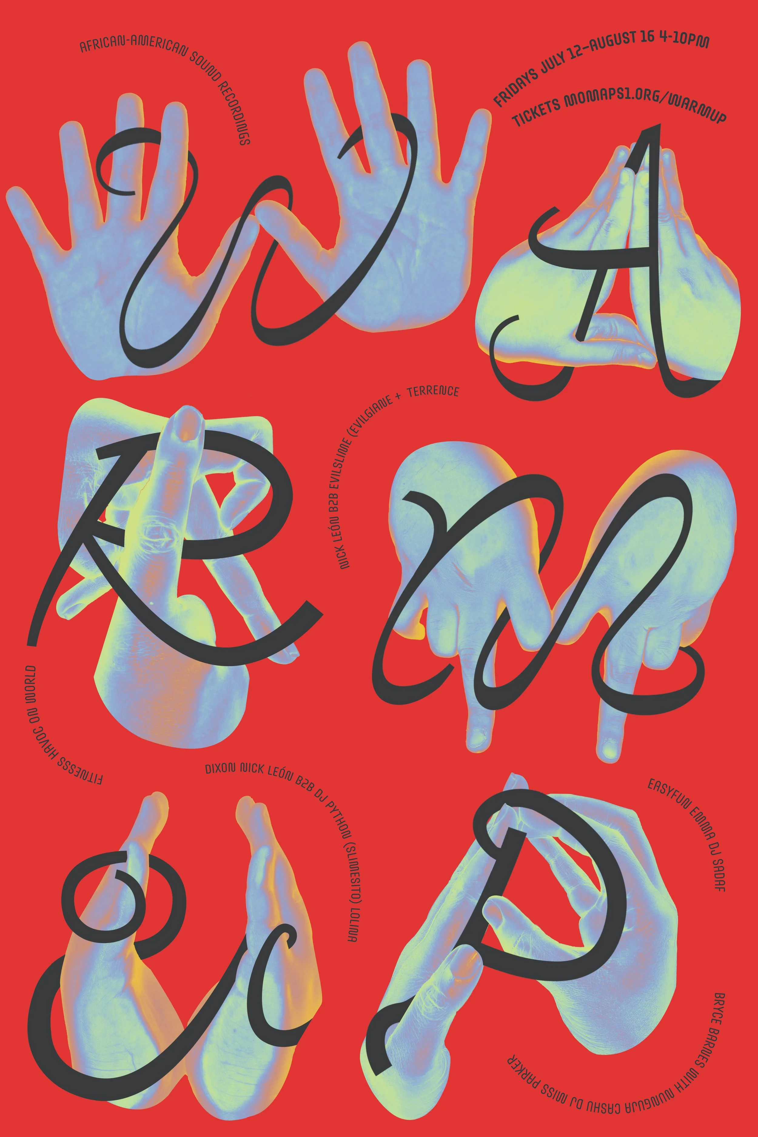 Red poster with multiple illustrations of hands making different signs and gestures, with black cursive text overlaying them.