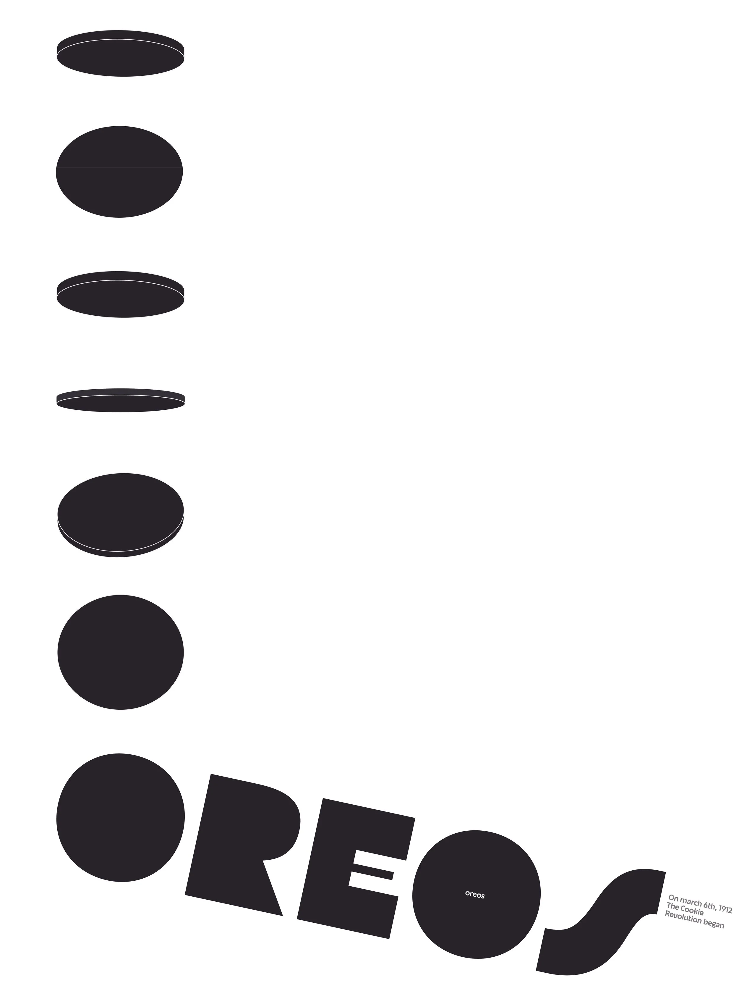 A poster with the word "OREOS" in large black letters, with the "O" letters depicted as Oreo cookies, and a timeline in the lower right corner mentioning the 1912 chocolate cookie revolution.