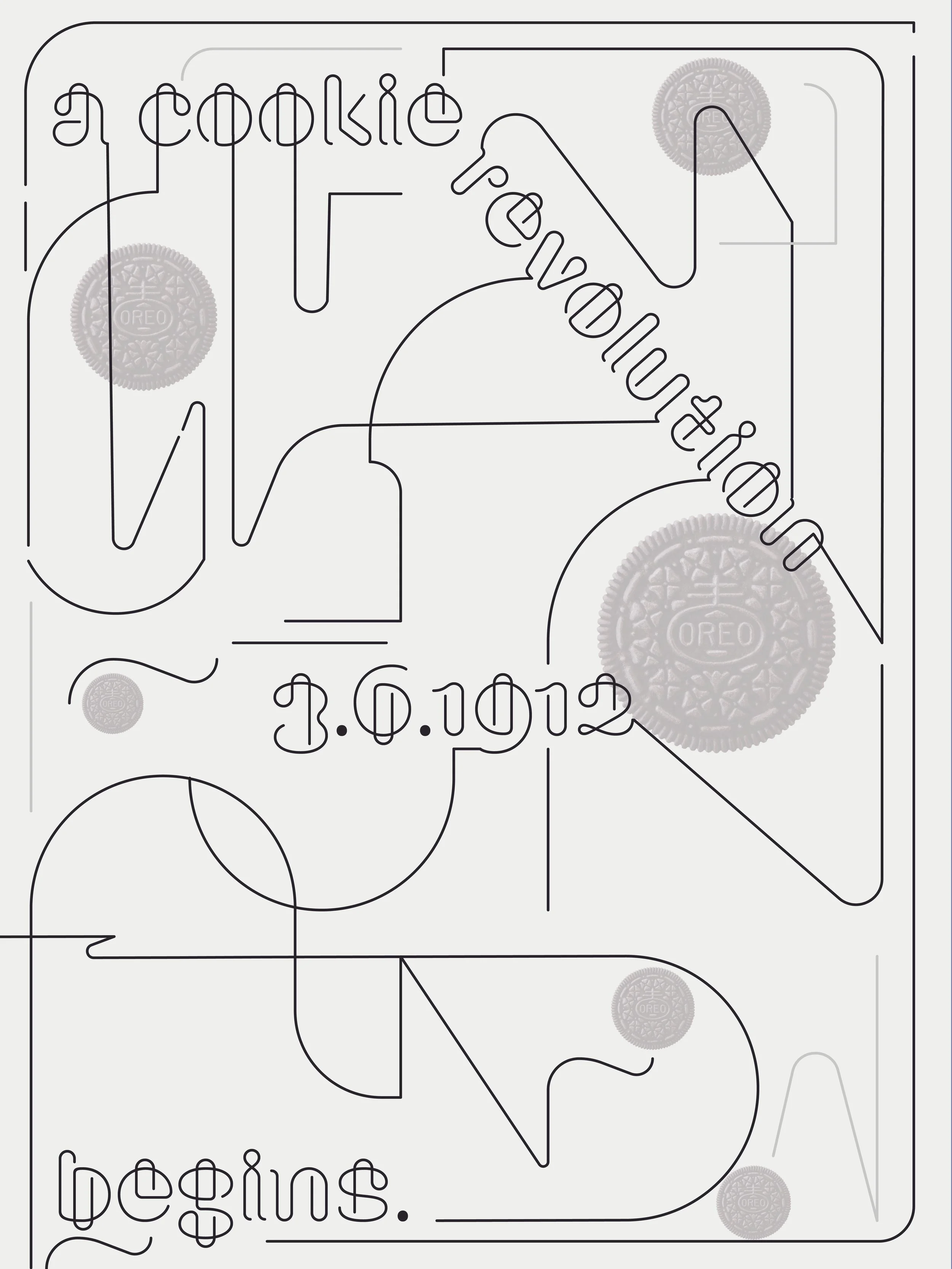 A line art poster for Oreo cookies with black and white text and illustrations, including images of Oreo cookies, the word 'Cookies,' and a date '3.01.12'.