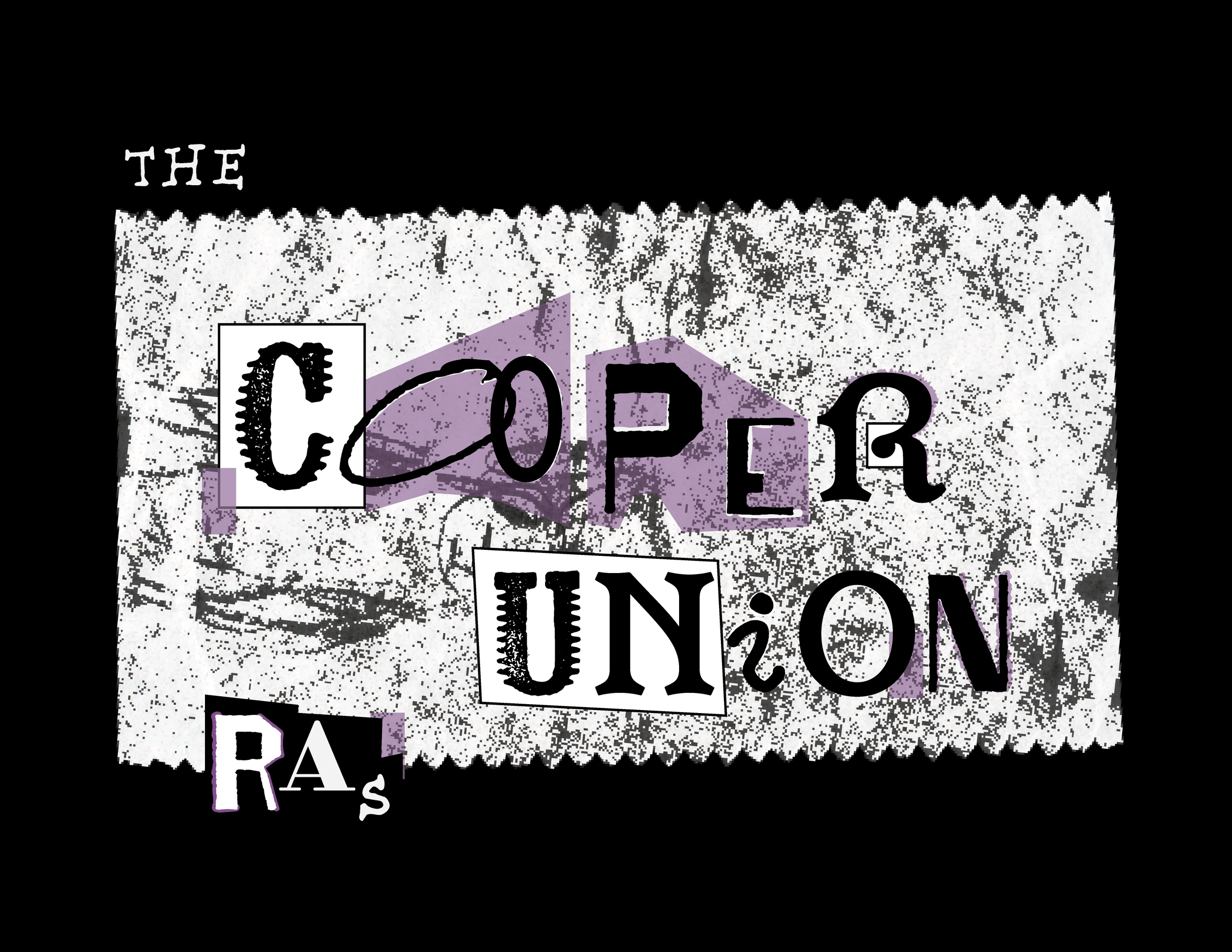 A mixed media collage with torn paper background containing the phrase 'The Cooper Junction RAS' in various fonts, sizes, and styles, with some words highlighted by purple and black accents.