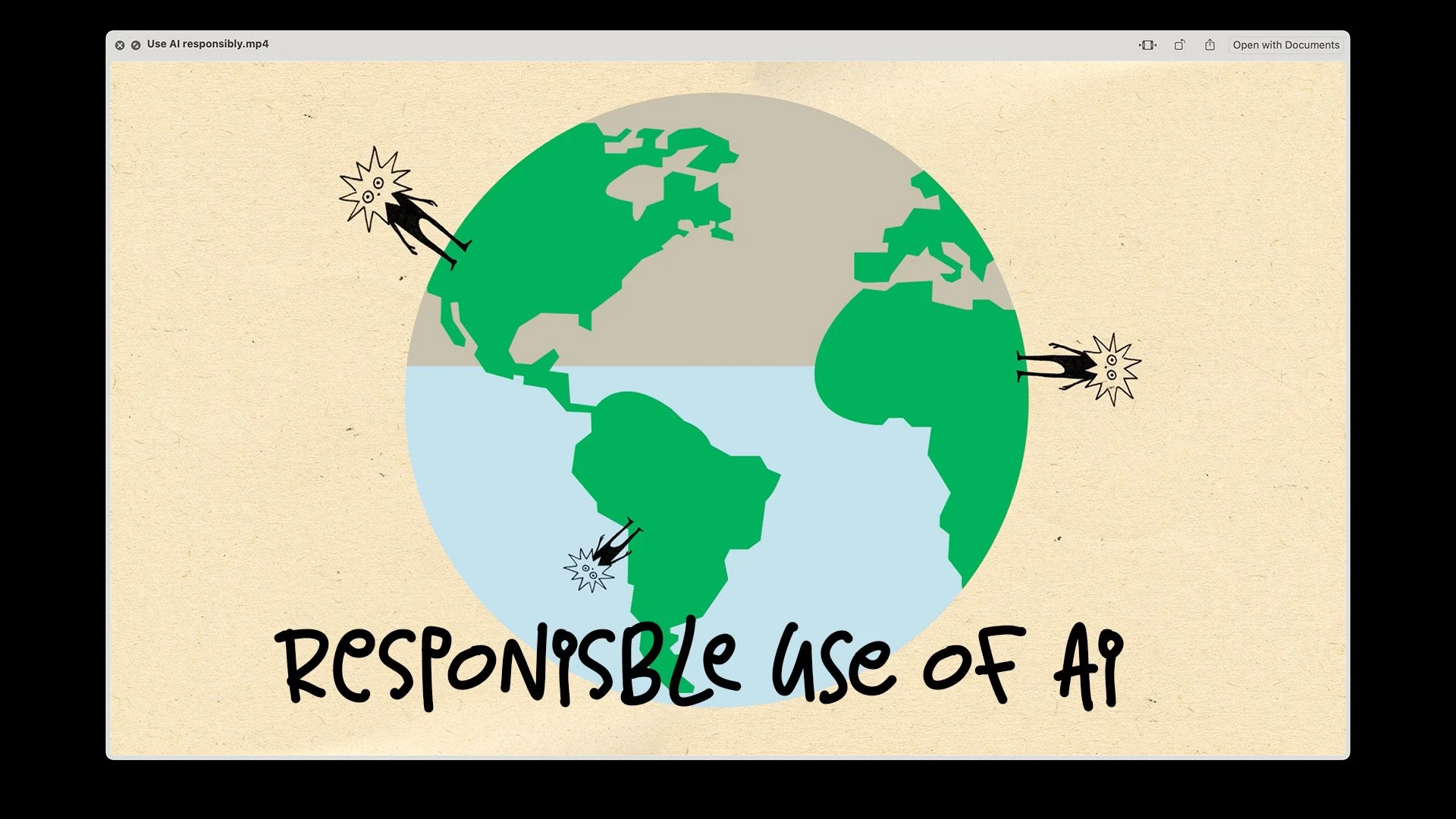 Illustration of the Earth showing North America, South America, Africa, and Europe, with icons indicating environmental harm caused by AI, such as pollution and climate damage. Text reads "Responsible use of AI."