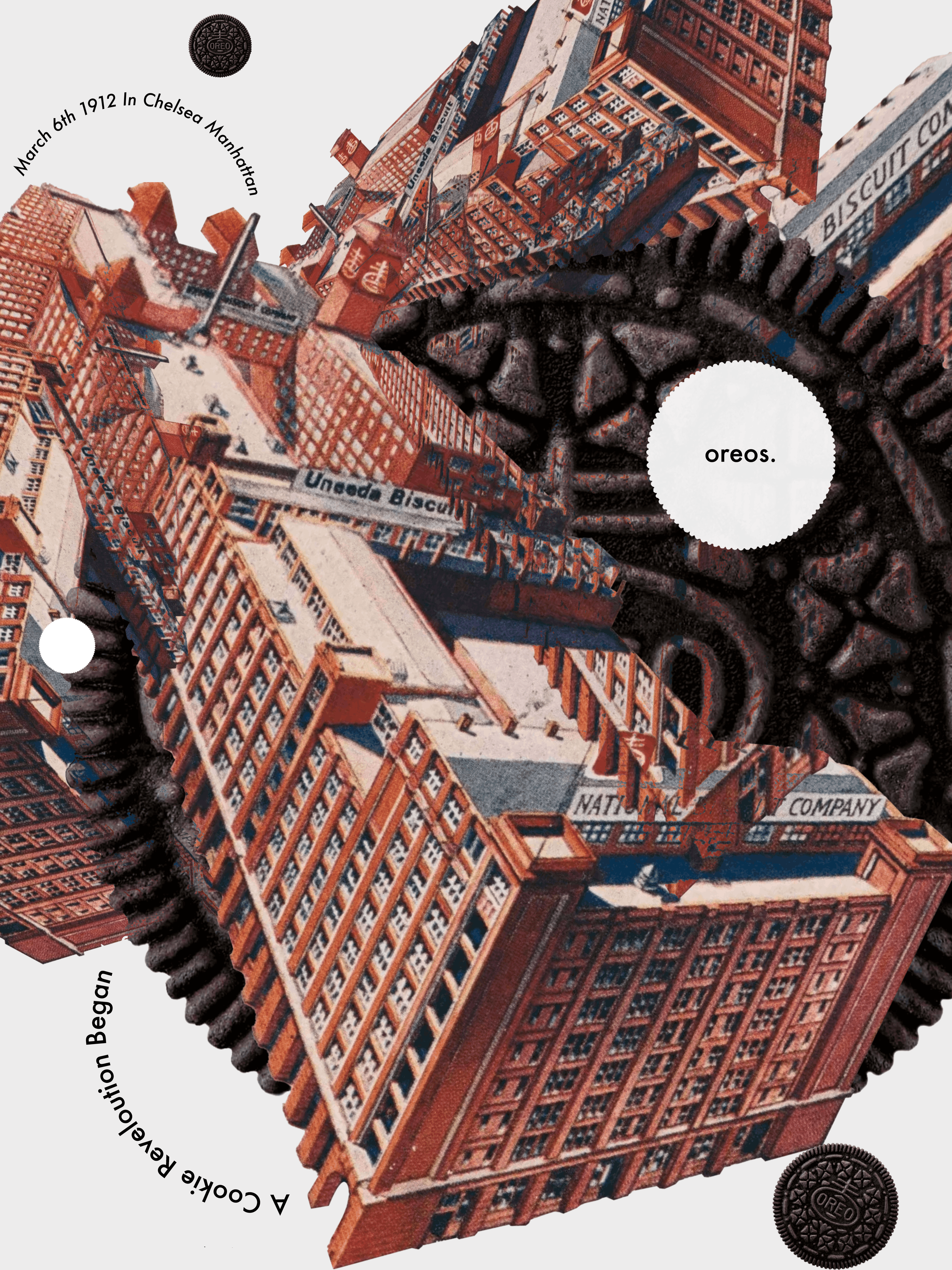 Collage of a city block with the Empire State Building, Oreo cookies, and text referencing the beginning of the revolution in Chelsea, Manhattan in 1912 and Oreo biscuits.
