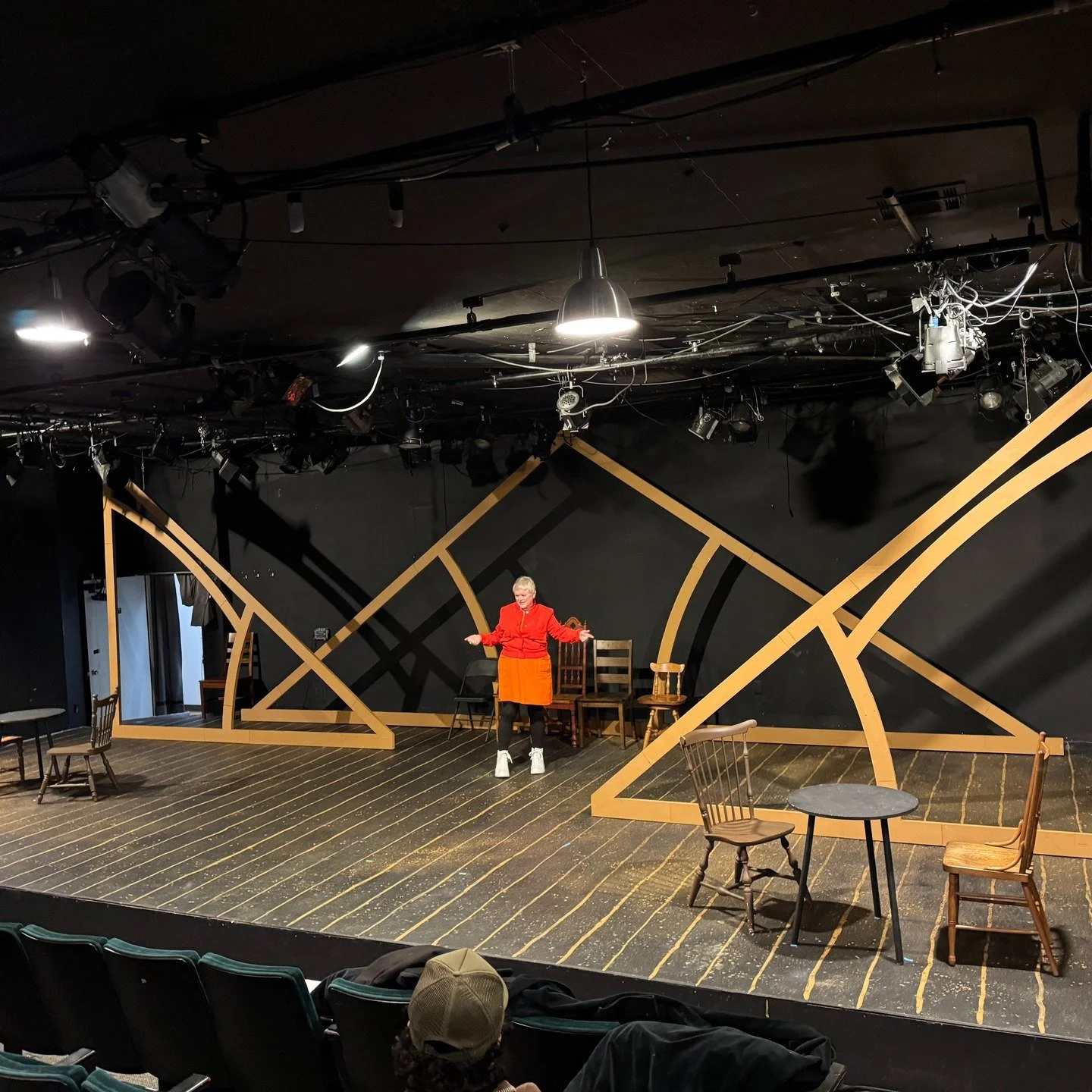 A quick 3-day project at Moxie Theatre for their production of Our Town with Groundworks Theatre company. Some simple abstract floor spatter! (February 2025). 

Spatter, line layout, drybrush, sponging. 

Designer: Reiko Huffman 

#scenicart #theatre