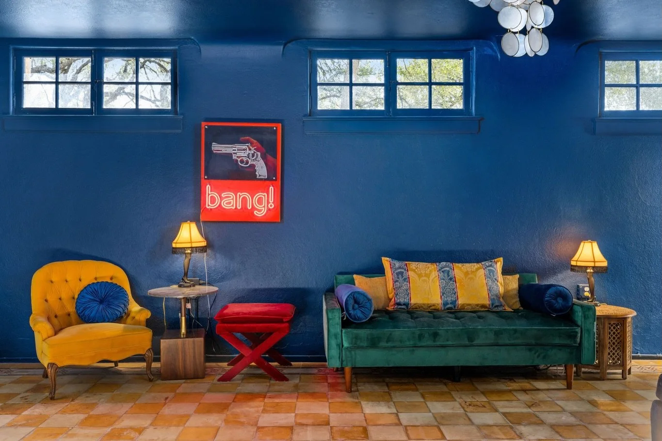 Lots went into making the basement what it is today (inside AND outside!). Enjoy the projector for movie hangs, film screenings or music video debuts, the options are endless In this color drenched den