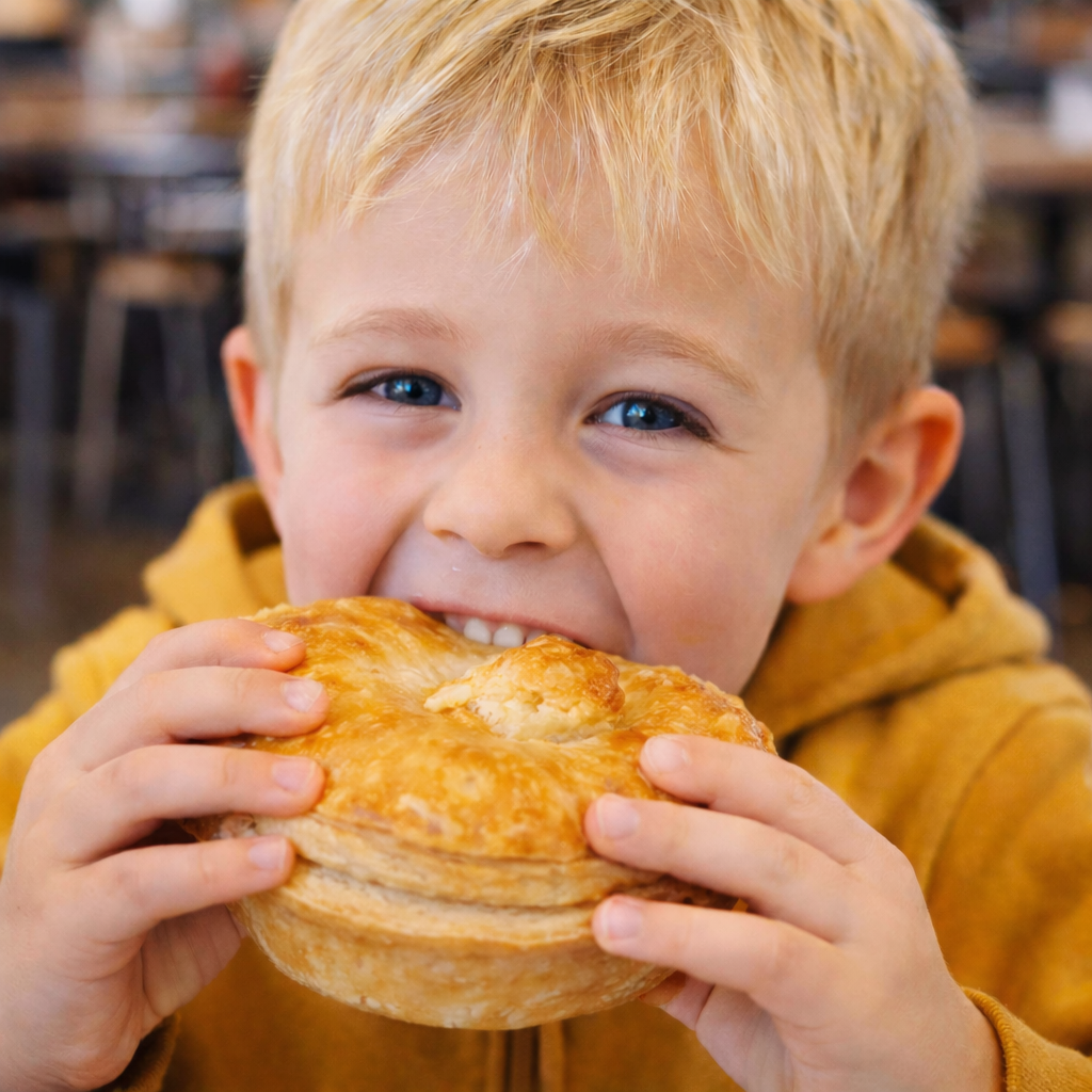 Stone oven bakery Hokitika - kid eating pie