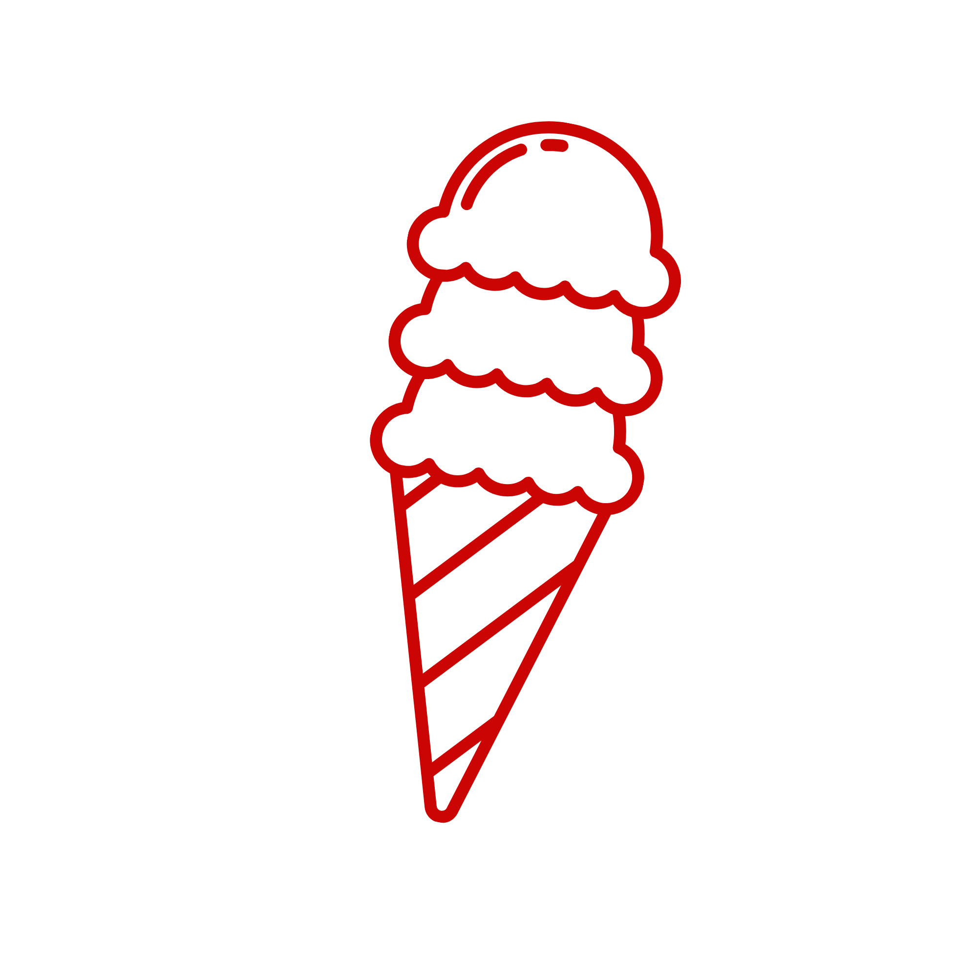Neon sign of an ice cream cone with three scoops, outlined in red against a black background.
