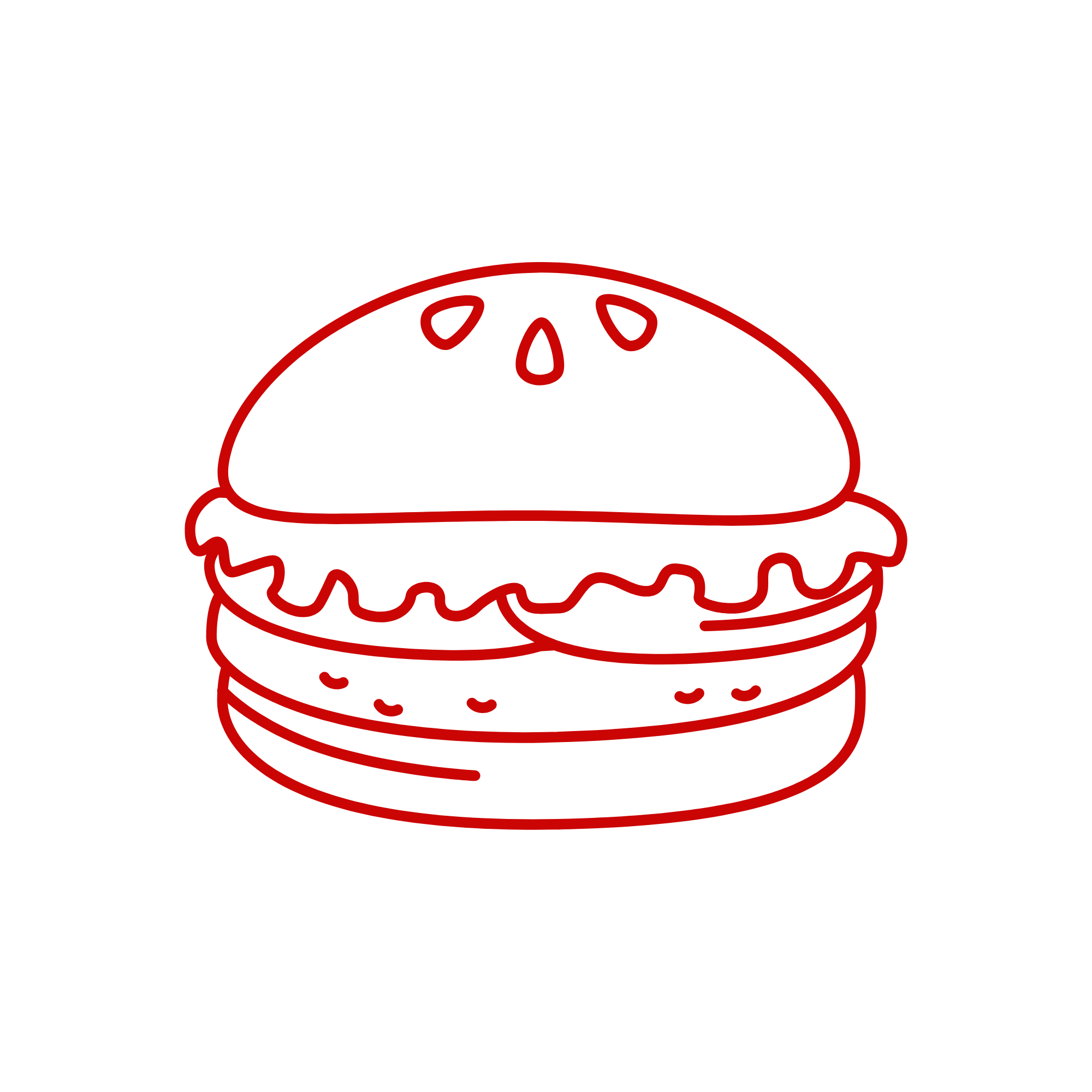 Line art illustration of a hamburger sandwich with a bun, lettuce, tomato, and meat patty.