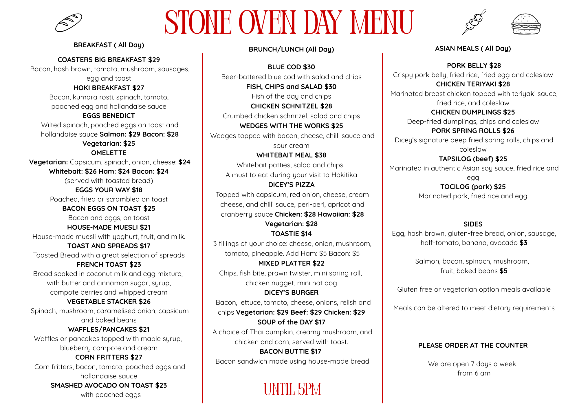 Menu for Stone Oven Day, listing breakfast, brunch, lunch, and Asian meals, with prices and descriptions. Includes options like big breakfast, omelette, eggs benedict, various rice and noodle dishes, fried chicken, sandwiches, and sides, with a note about ordering at the counter and operating hours.