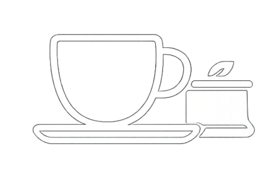 Black coffee cup on a plate, spoon, and a box of sugar or creamer on a table.