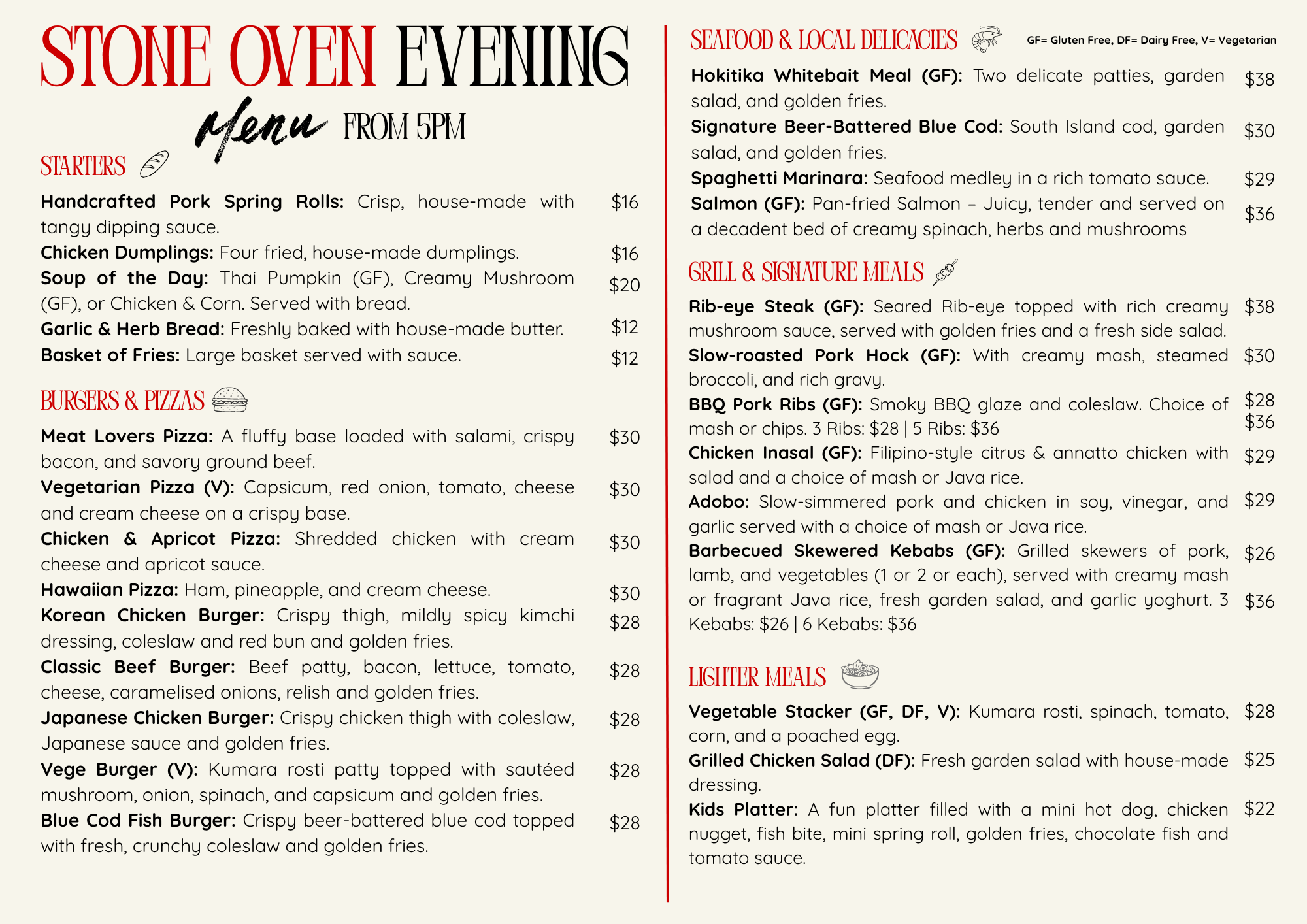 Menu from Stone Oven Evening featuring sections for starters, burgers and pizzas, seafood and local delicacies, grill and signature meals, and lighter meals. Listed items include handcrafted pork spring rolls, chicken dumplings, Thai pumpkin soup, garlic herb bread, basket of fries, various pizzas, burgers, seafood dishes, grilled meats, BBQ ribs, chicken, adobo, skewered kebabs, vegetable stacker, grilled chicken salad, kids platter, and more, with prices.