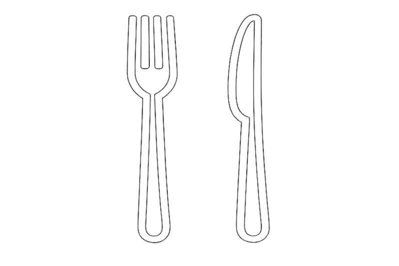 Line drawing of a fork and a knife with a neon light effect on a black background.
