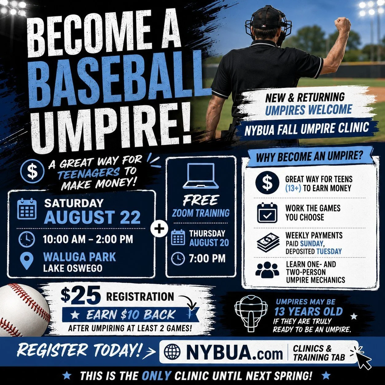 ⚾ Become a Baseball Umpire This Fall! ⚾

Looking for a great way to earn money this fall? Whether you're brand new to umpiring or looking to get back behind the plate, the NYBUA Fall Umpire Clinic is the perfect place to get started!

📅 On-Field Cli