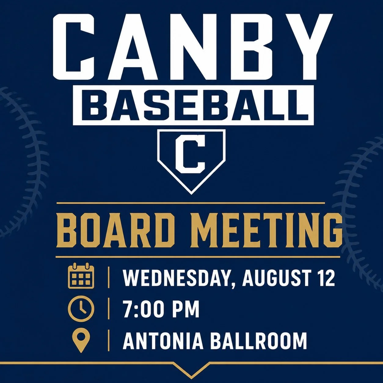 ⚾ Canby Junior Baseball Board Meeting

Our next board meeting is Wednesday, August 12 at 7:00 PM at the Antonia Ballroom (Above Backstop Bar &amp; Grill).

The meeting is open to all current Canby Junior Baseball members, and we welcome you to join u