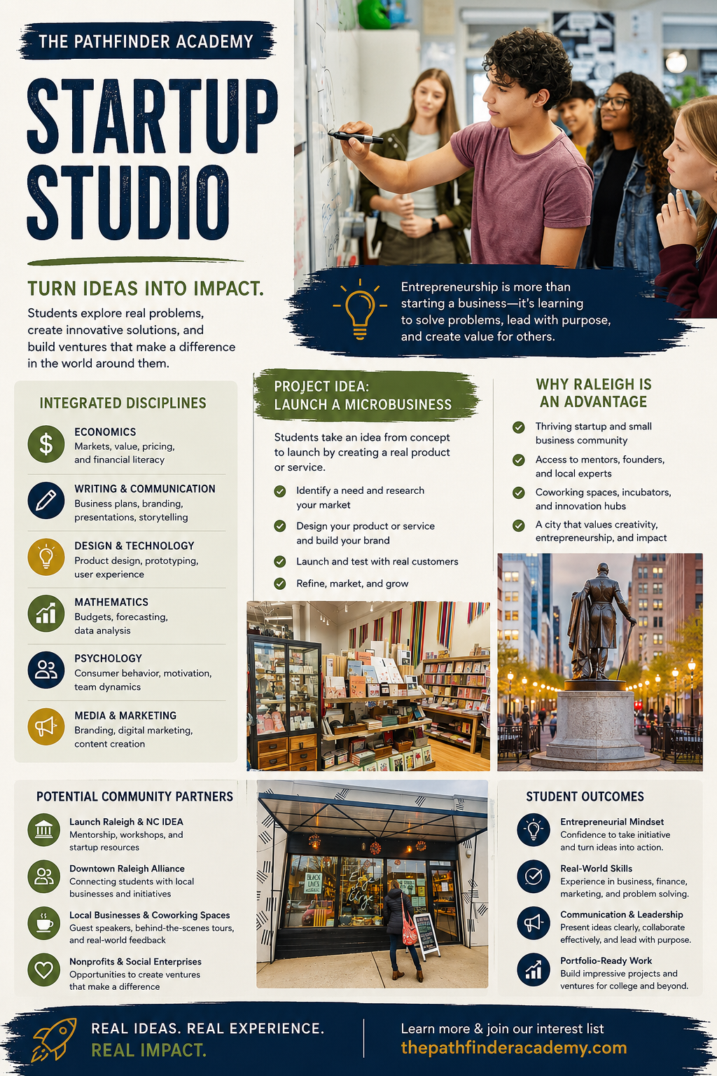 Startup Studio Info Flyer. Homeschool enrichment Raleigh. High school homeschool classes Raleigh.