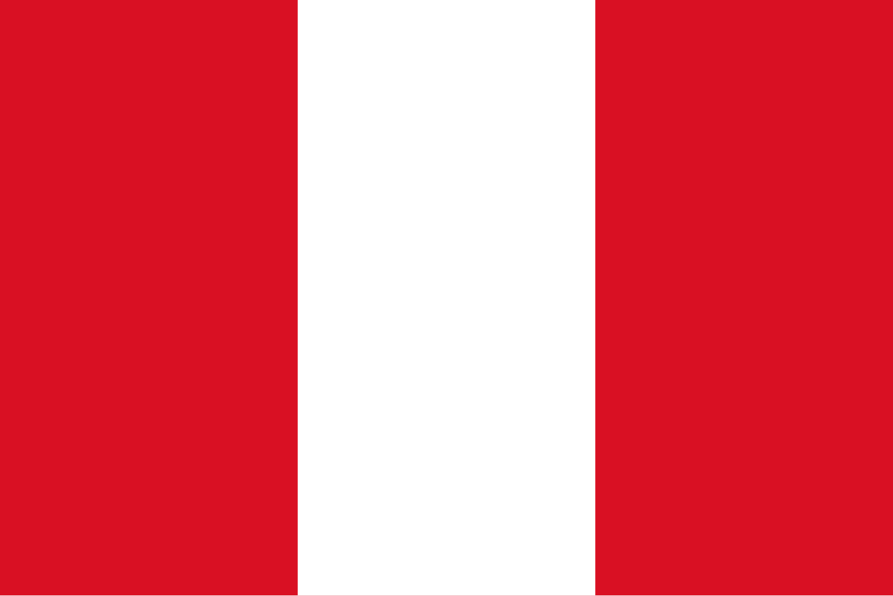 Peruvian flag with red vertical stripes on the sides and a white vertical stripe in the middle.