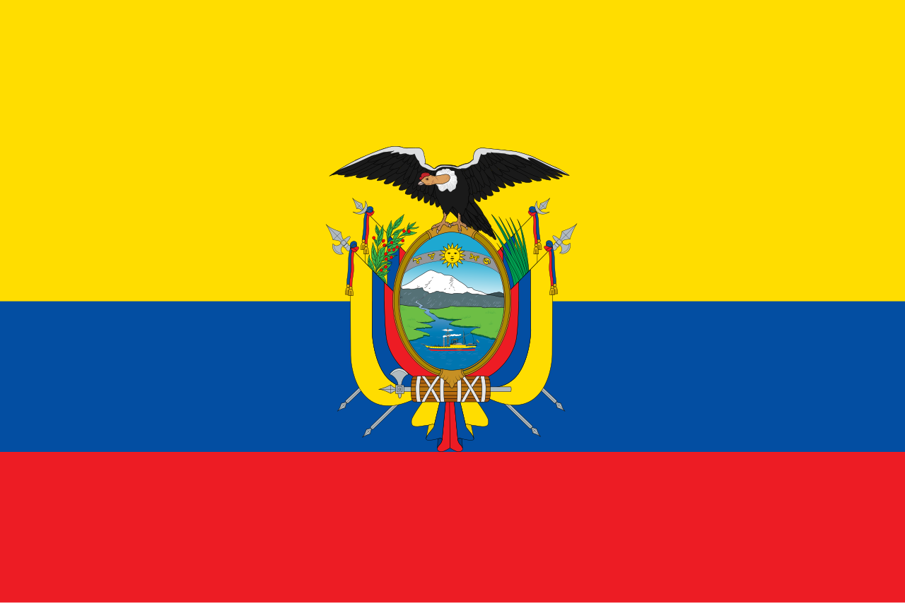 Flag of Ecuador with yellow, blue, and red horizontal stripes and the country's coat of arms in the center.
