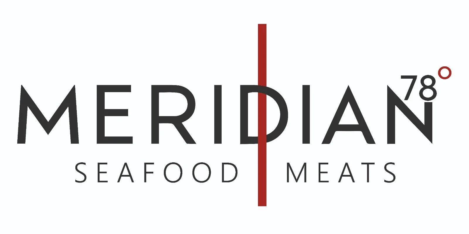 Meridian Seafood & Meats logo with black text, a red vertical line in the middle, and a red degree symbol next to the number 78.