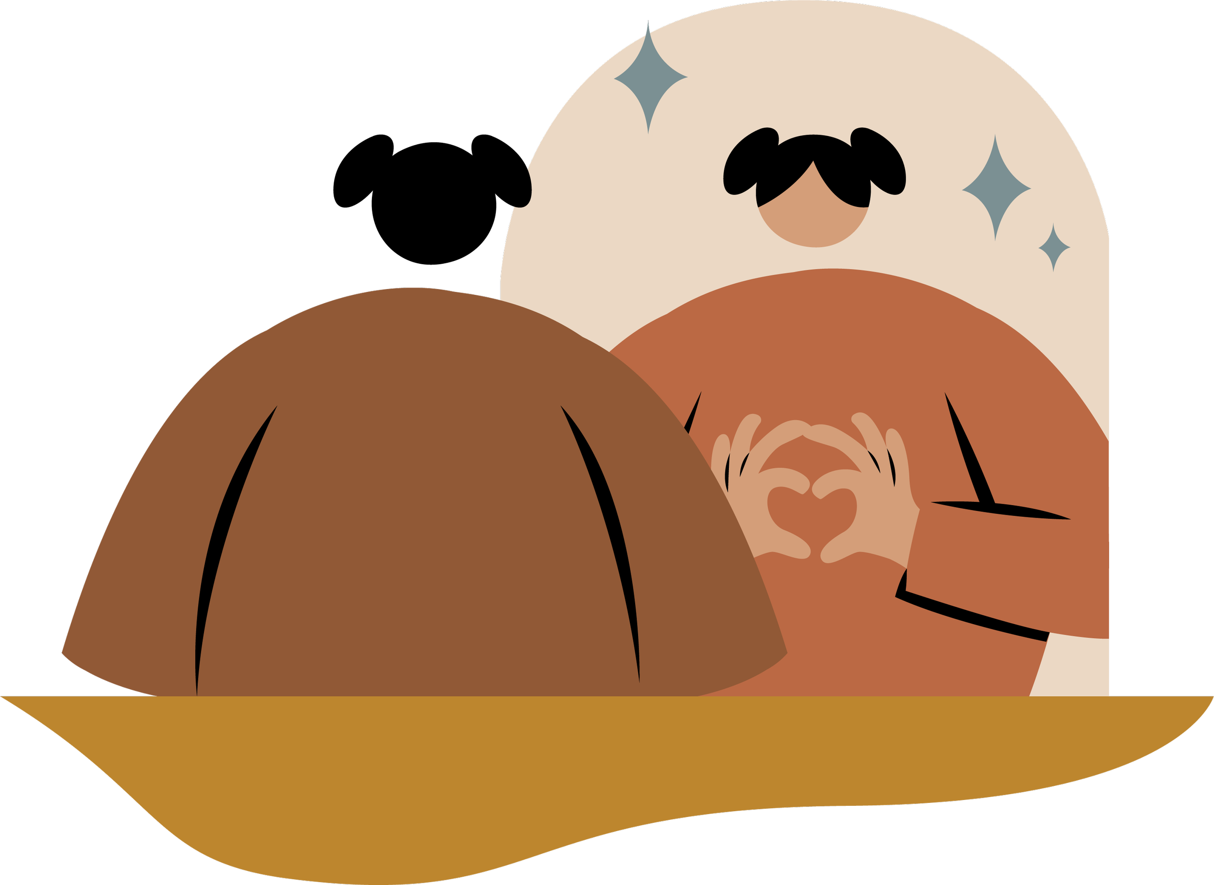 Simplified digital illustration of a woman with black hair styled in buns, wearing a white top, with sparkles around her head, holding a baby in her arms against a beige background.