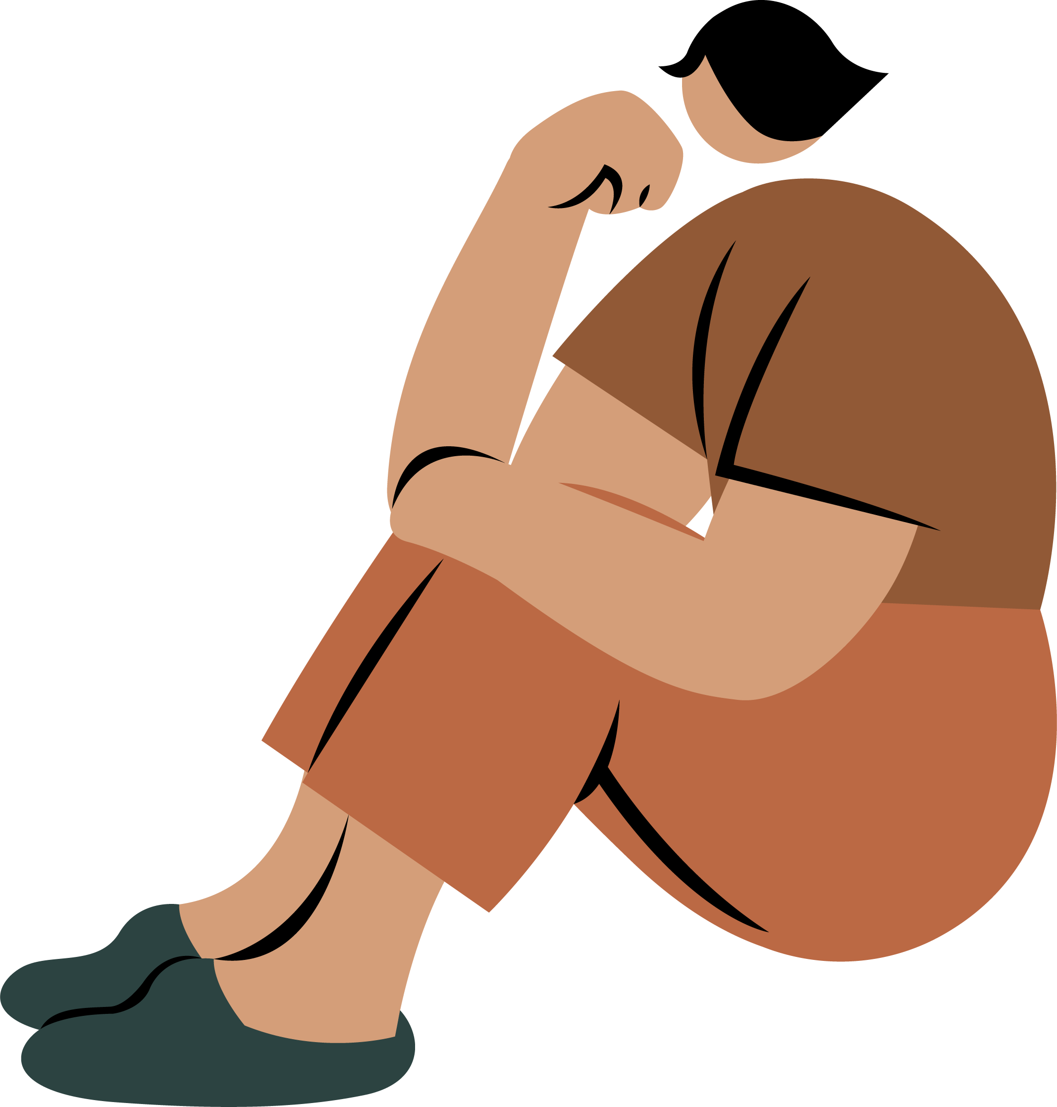 Illustration of a woman with brown hair, sitting on the ground with her head resting on her arms, wearing a dark green outfit.