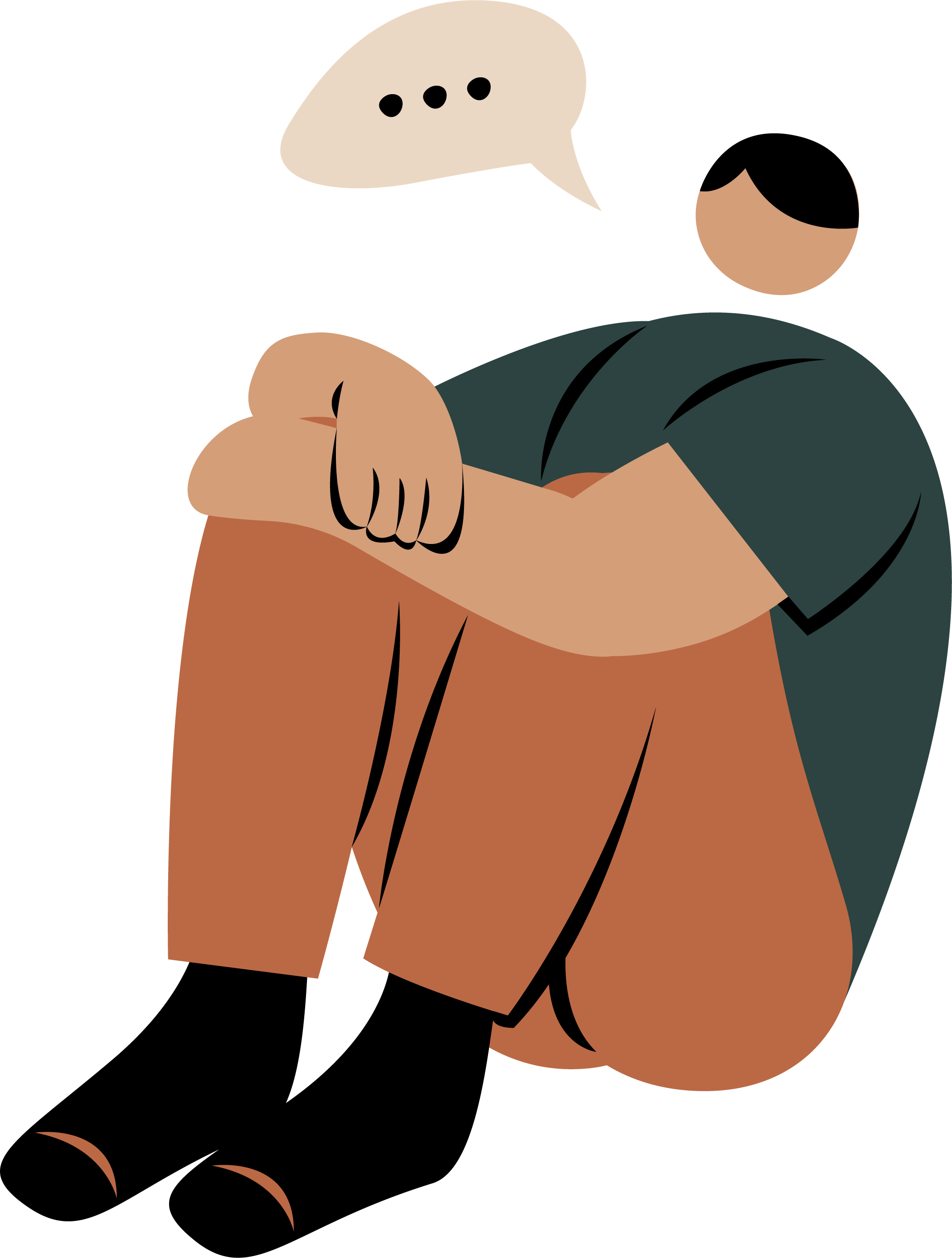 An illustration of a person with dark hair, sitting with knees up and arms resting on them, wearing a dark shirt and orange-brown pants, with a speech bubble containing three dots.