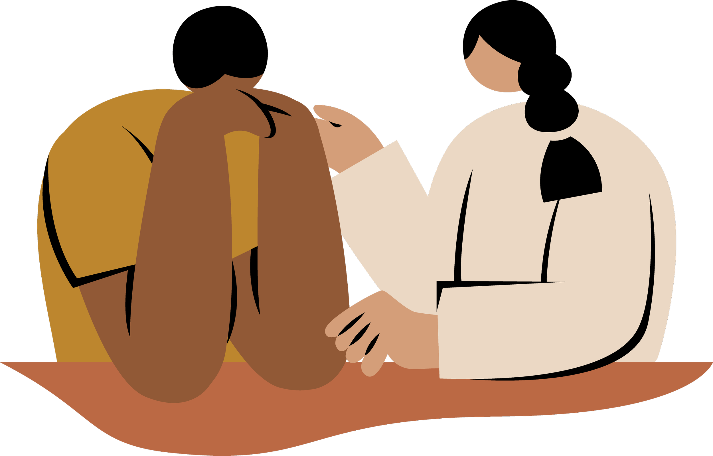 Two people are sitting at a table, shaking hands or clasping hands in a gesture of agreement or greeting.