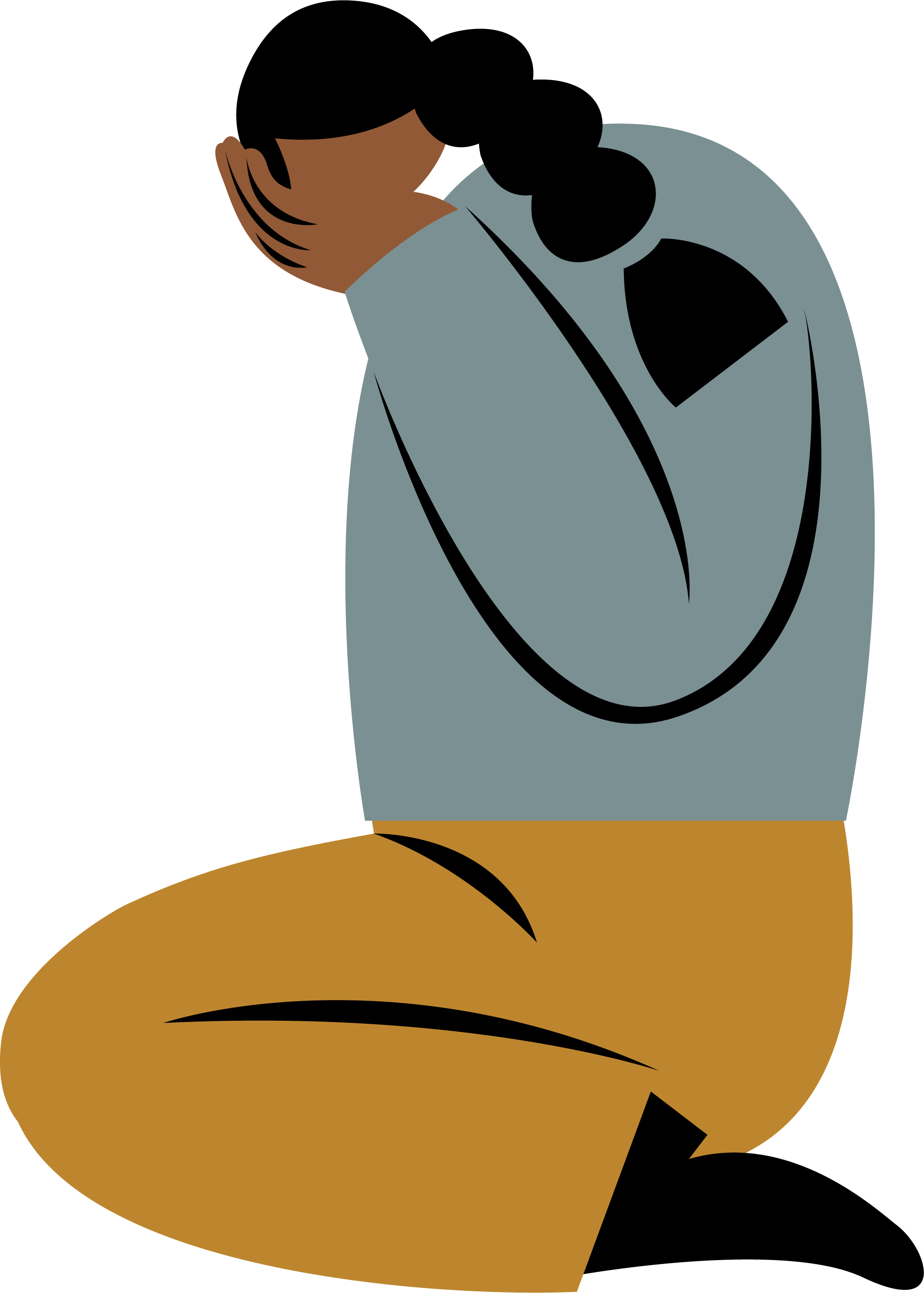 An illustration of a person with dark hair, wearing a light gray shirt, visible face, and brown pants, holding a stethoscope to their chest.