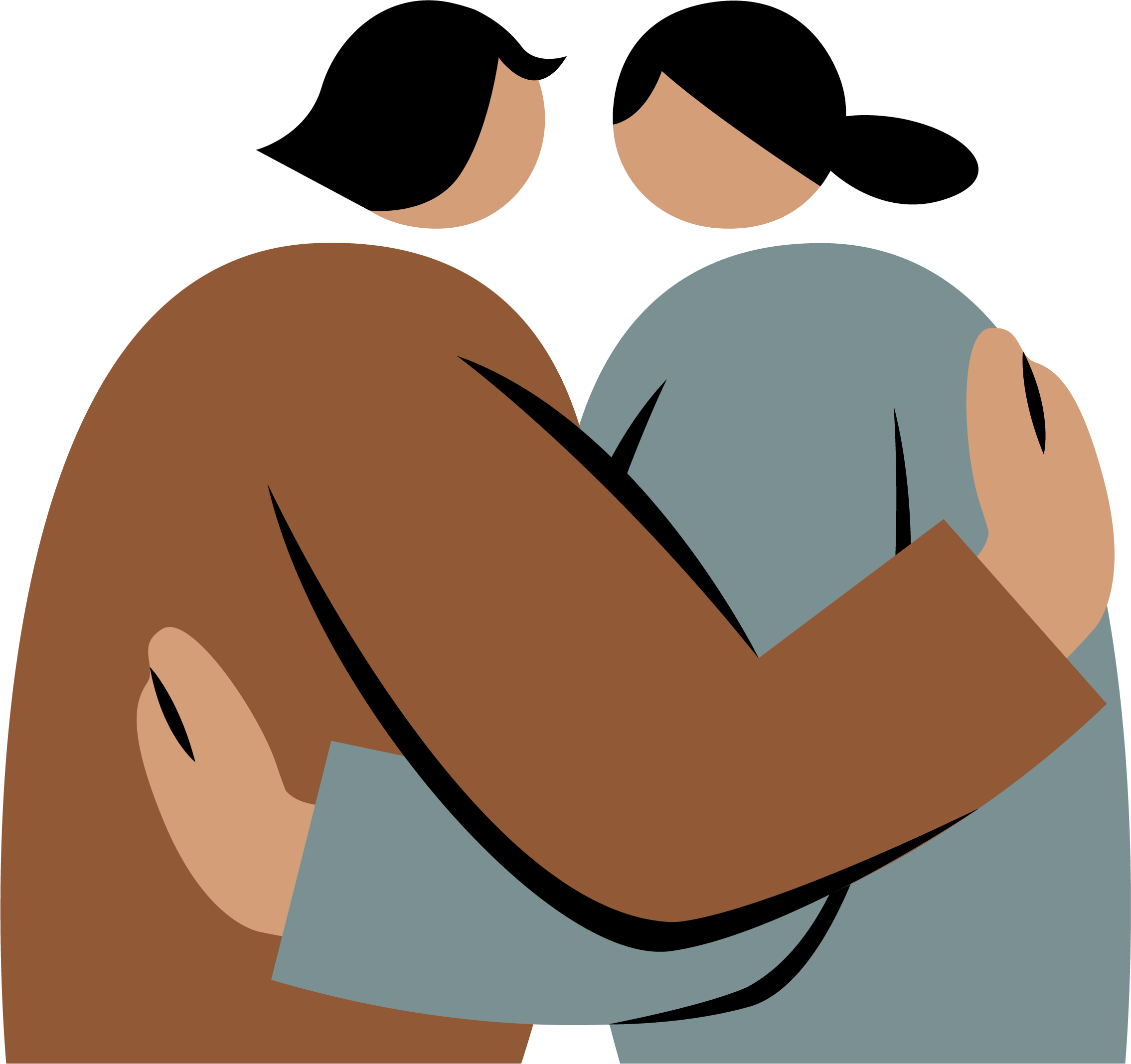 Two illustrated women standing close together, one with dark hair and the other with light hair, wearing casual clothing, against a plain black background.