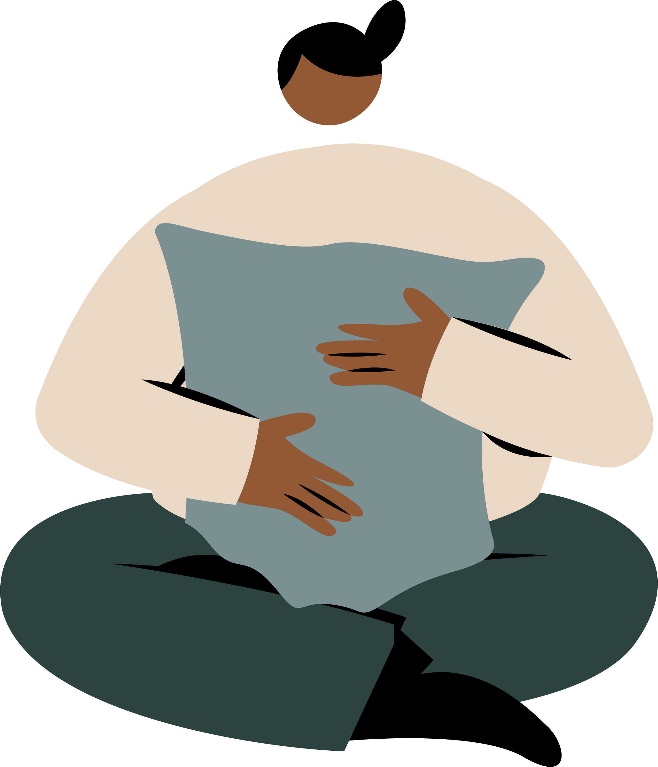 Illustration of a person in a beige coat and with brown skin, sitting cross-legged while holding and reading a blue tablet device.