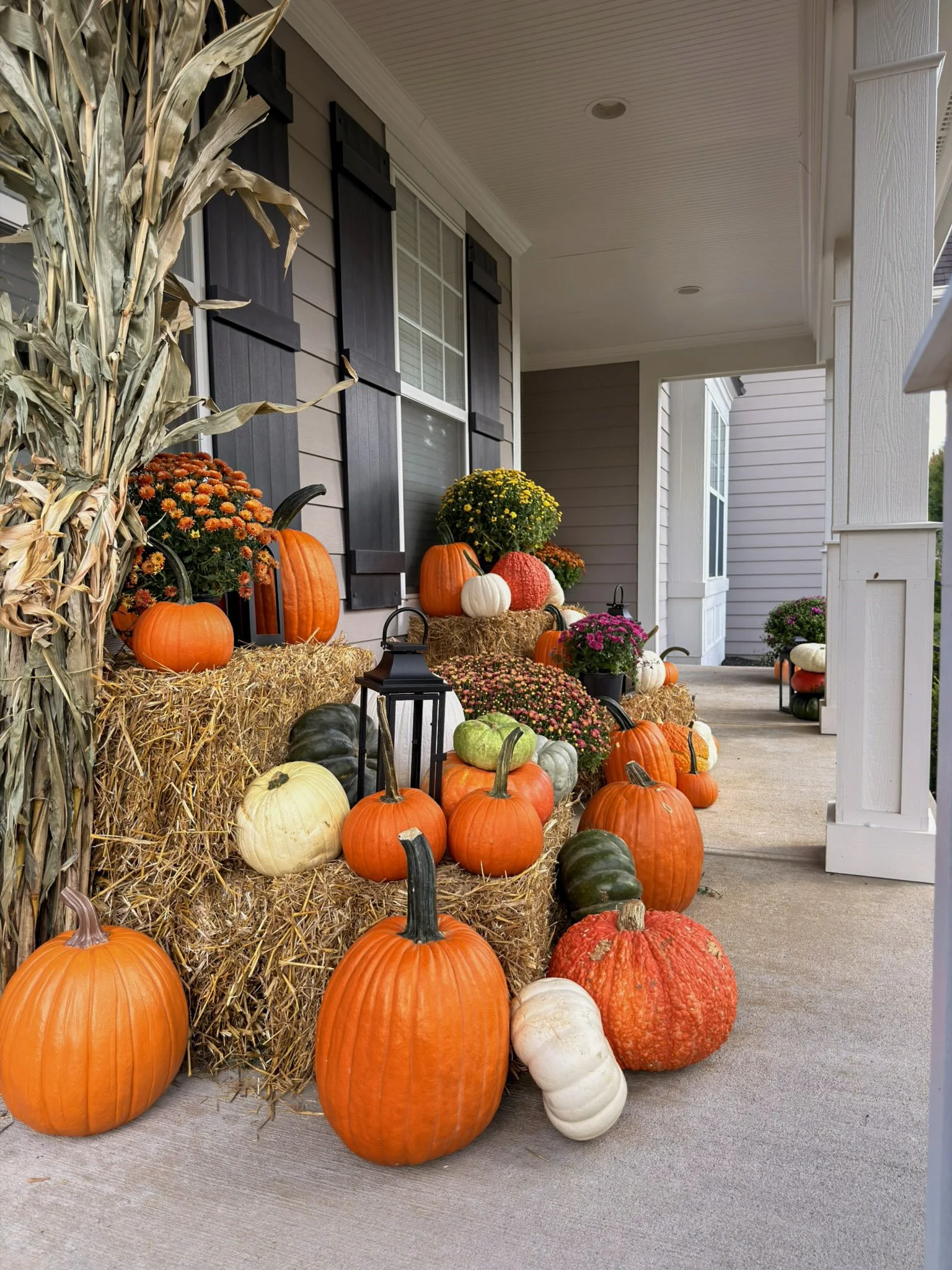 Corn stalks, stacked hay bales, black lanterns and a cluster of large orange and white pumpkins