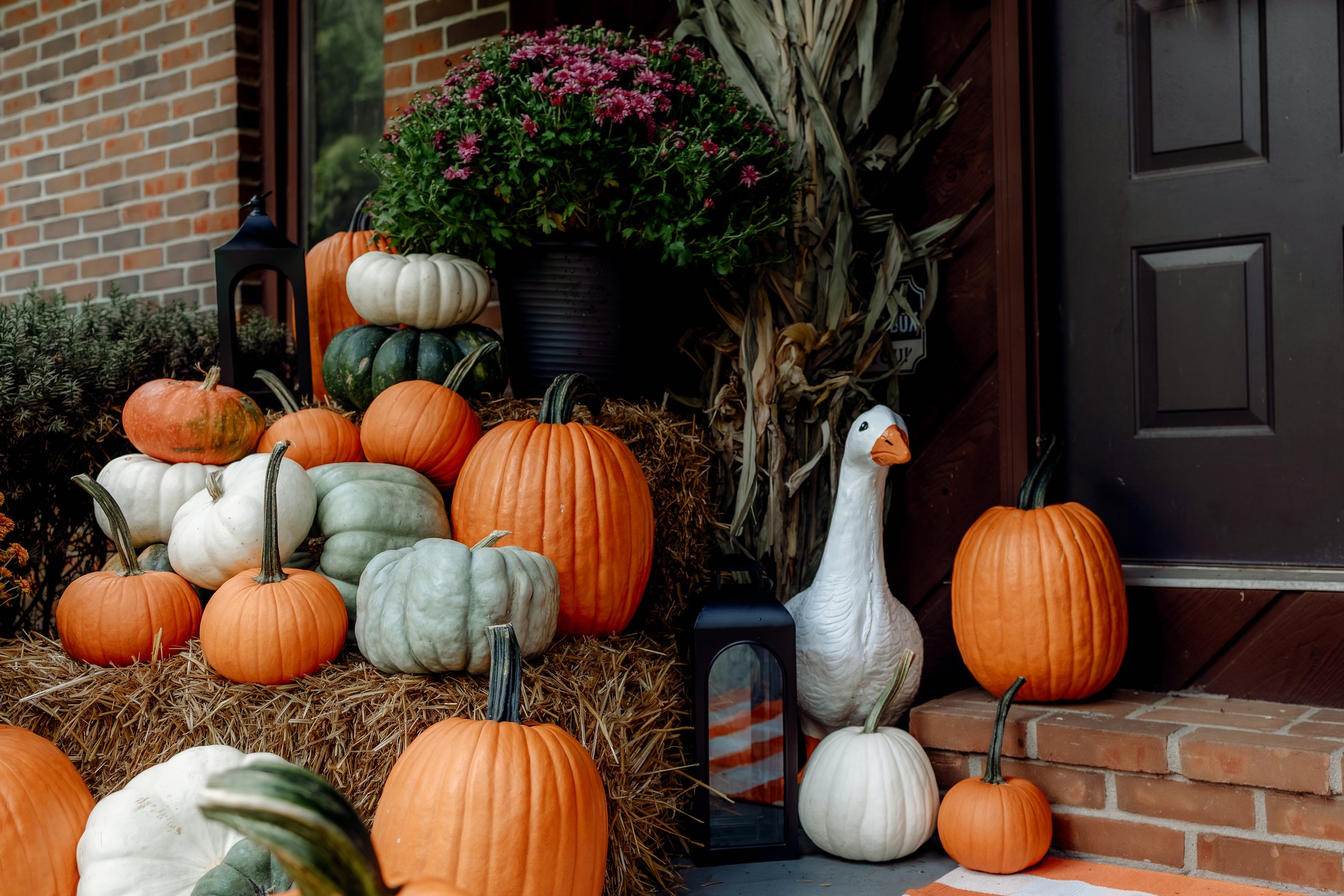 Heirloom pumpkins, hay bales and corn stalks stacked beside a black lantern on a styled porch