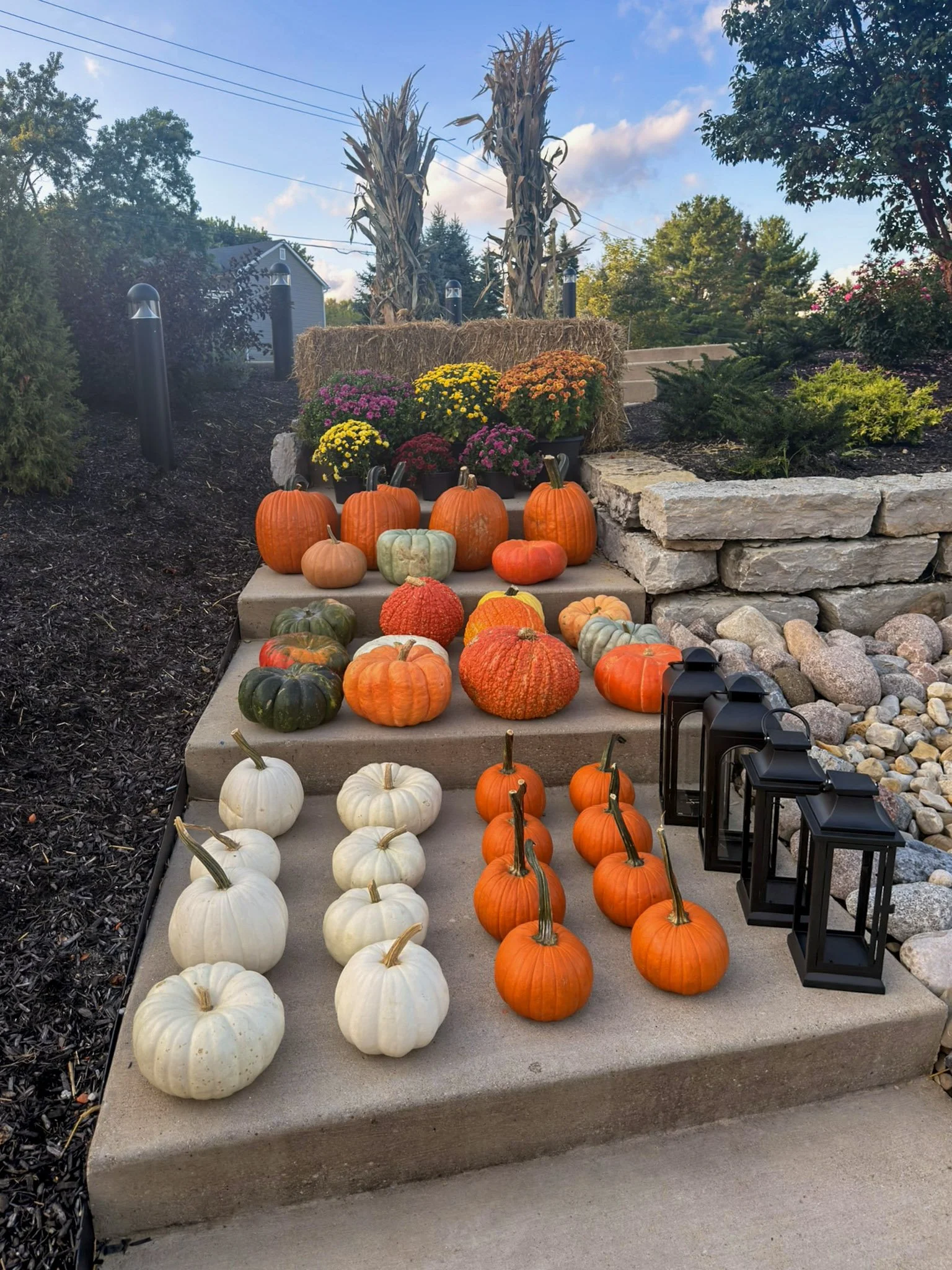 Rows of orange and white pumpkins on stone steps below a hay bale of mums, with black lanterns