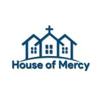 Logo of 'House of Mercy' featuring a church with a cross and two houses on either side.