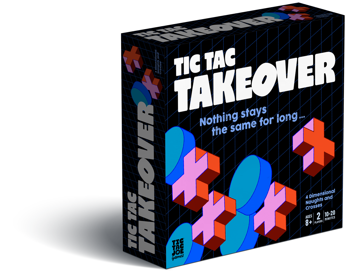 Tic Tac Takeover board game box packaging – 3D and 4D strategy game for ages 8 and up