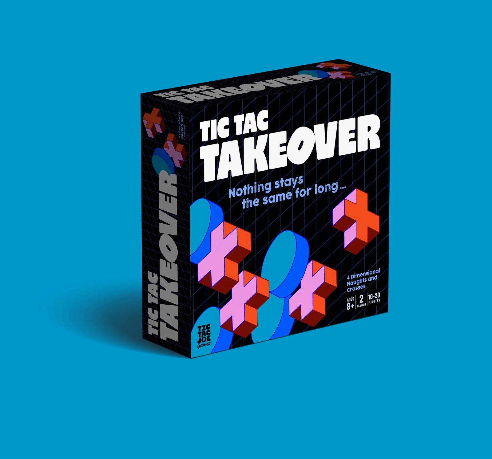 Tic Tac Takeover board game box packaging – 4D strategy game for ages 8 and up