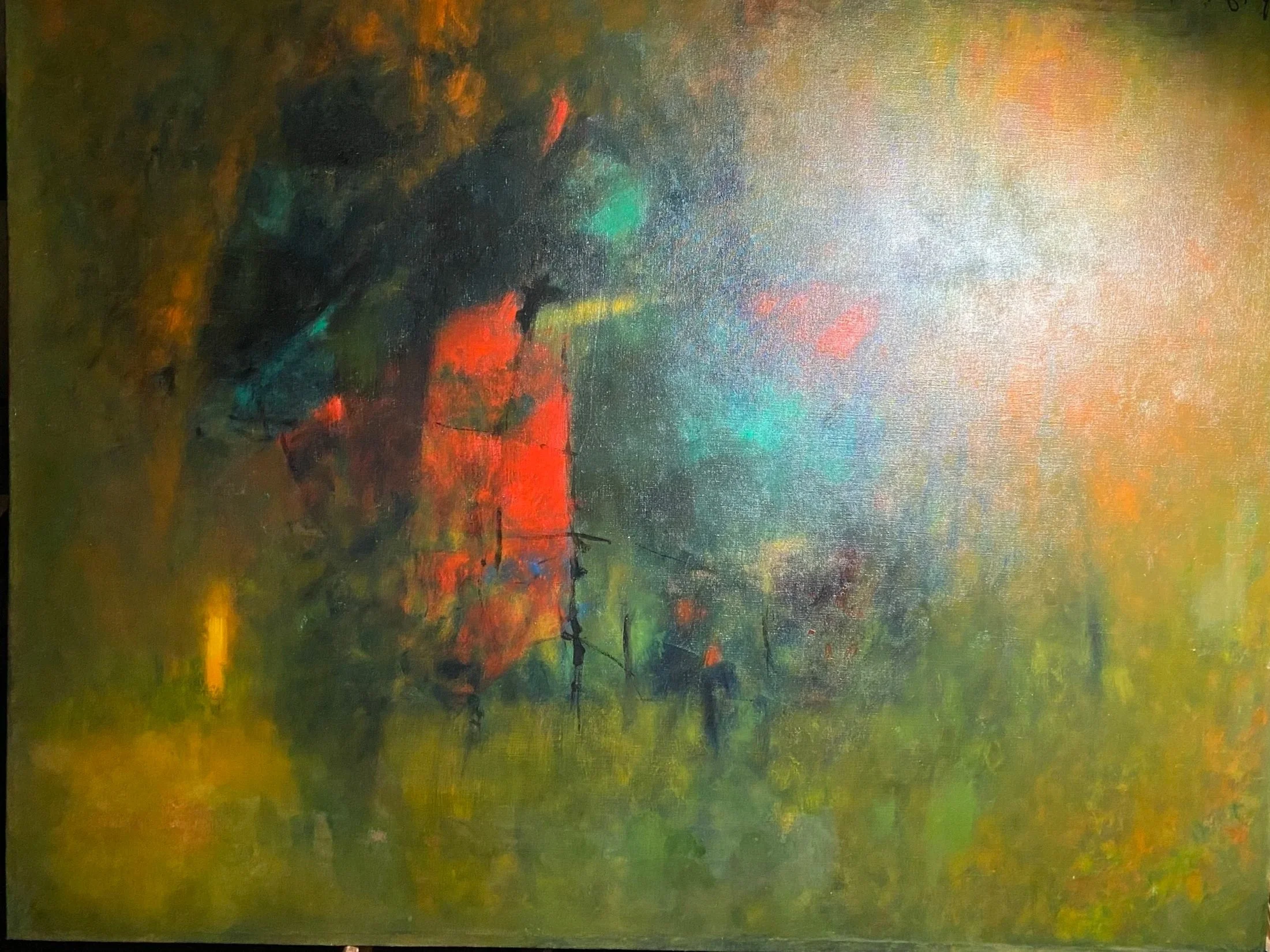 An abstract painting with vibrant colors including black, green, red, yellow, and blue. The composition appears to depict a cityscape with reflections on water, created with bold brushstrokes and a textured surface.