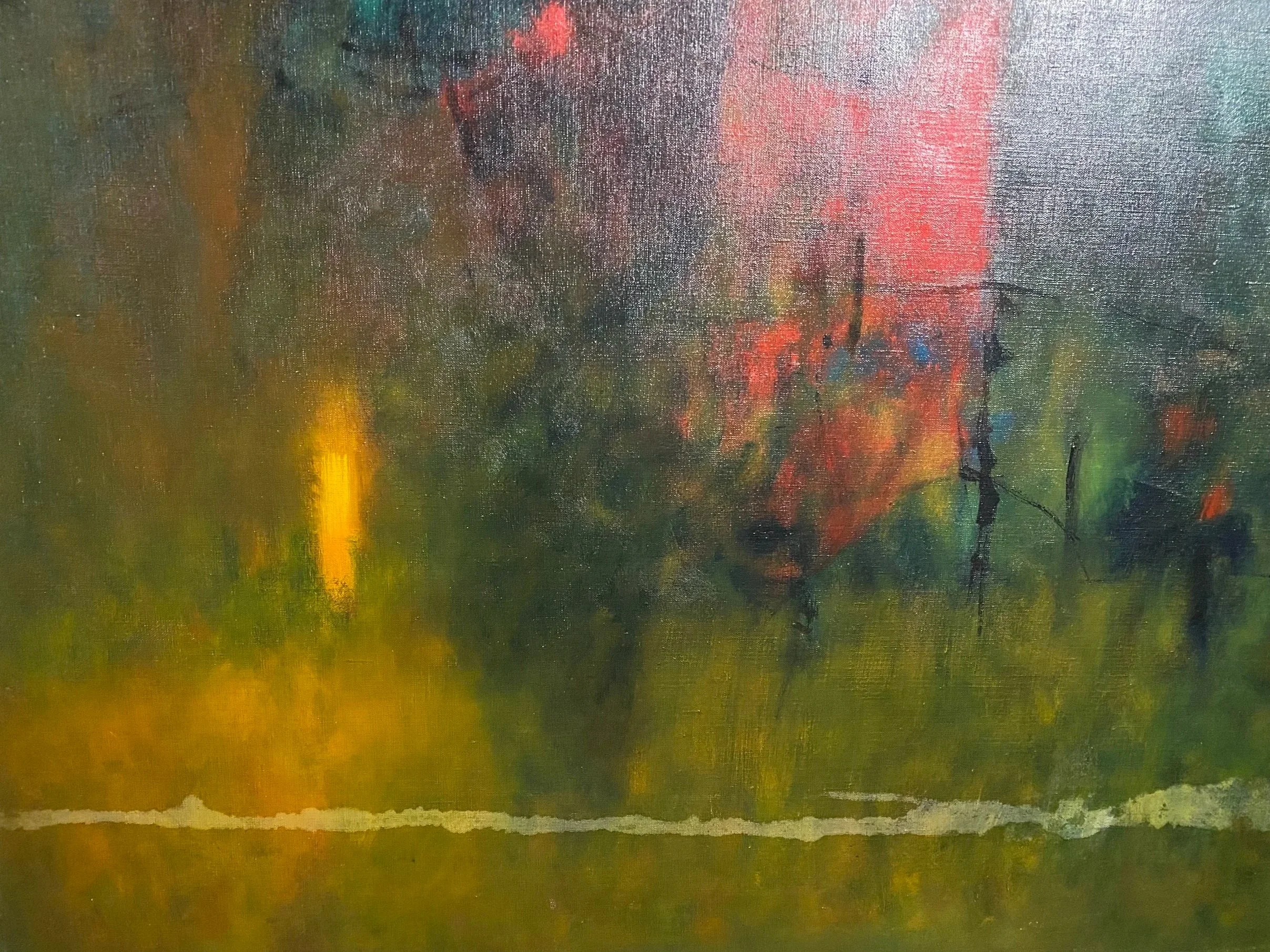 An abstract painting with blended colors including dark green, yellow, red, pink, and black, with a rough horizontal white line across the bottom.