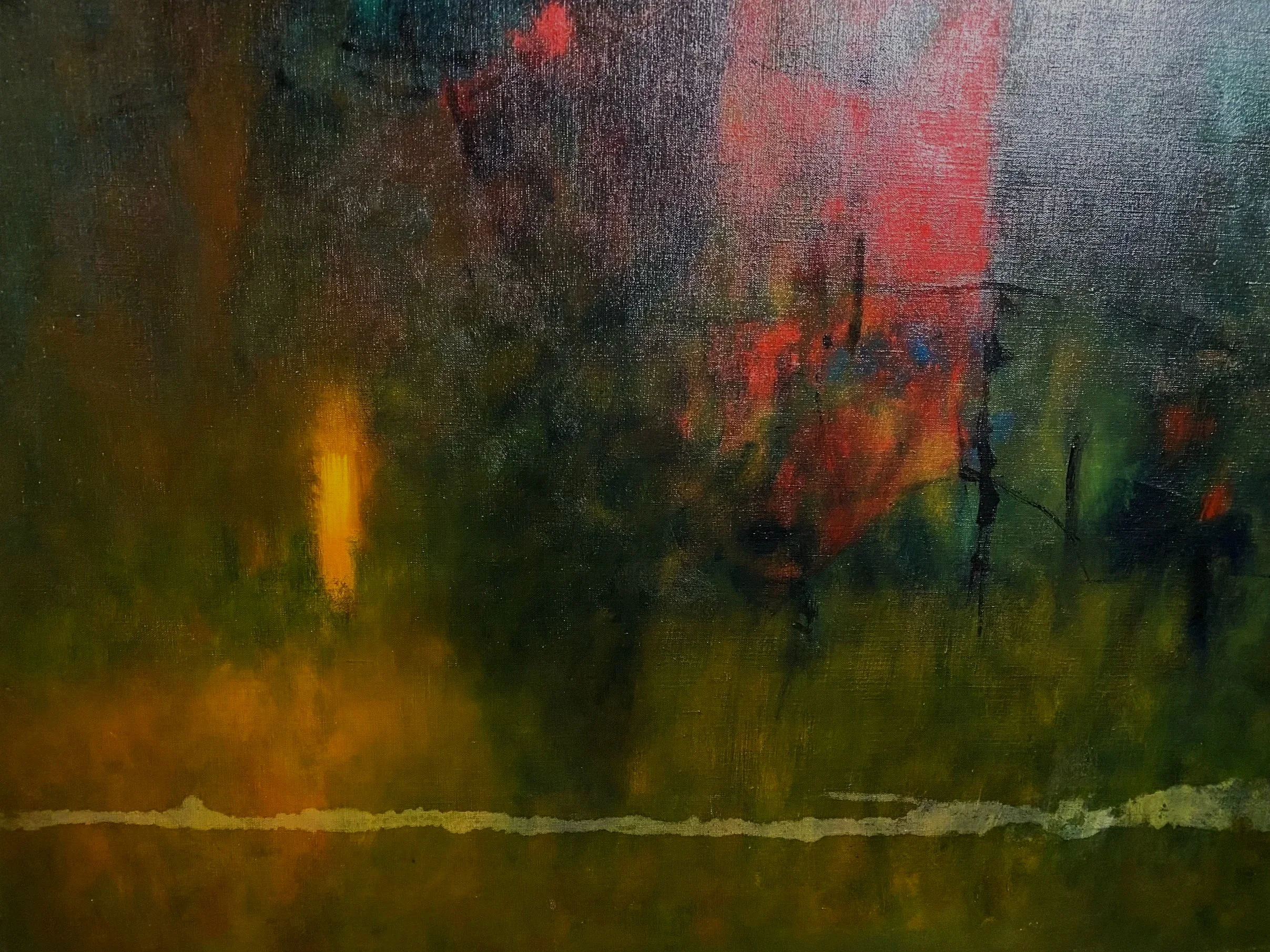 An abstract painting with blended colors including dark green, yellow, red, pink, and black, with a rough horizontal white line across the bottom.