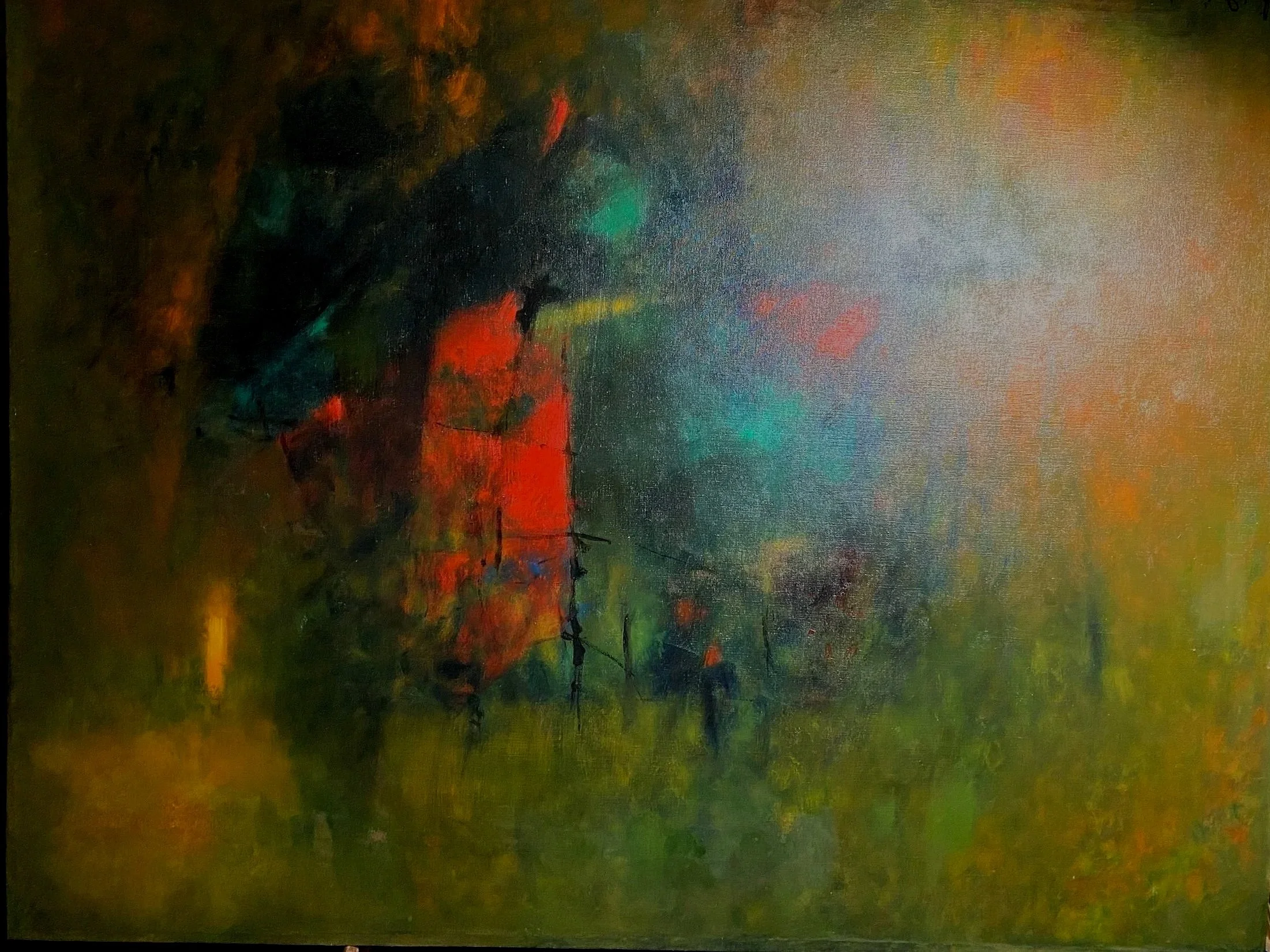 An abstract painting with vibrant colors including black, green, red, yellow, and blue. The composition appears to depict a cityscape with reflections on water, created with bold brushstrokes and a textured surface.