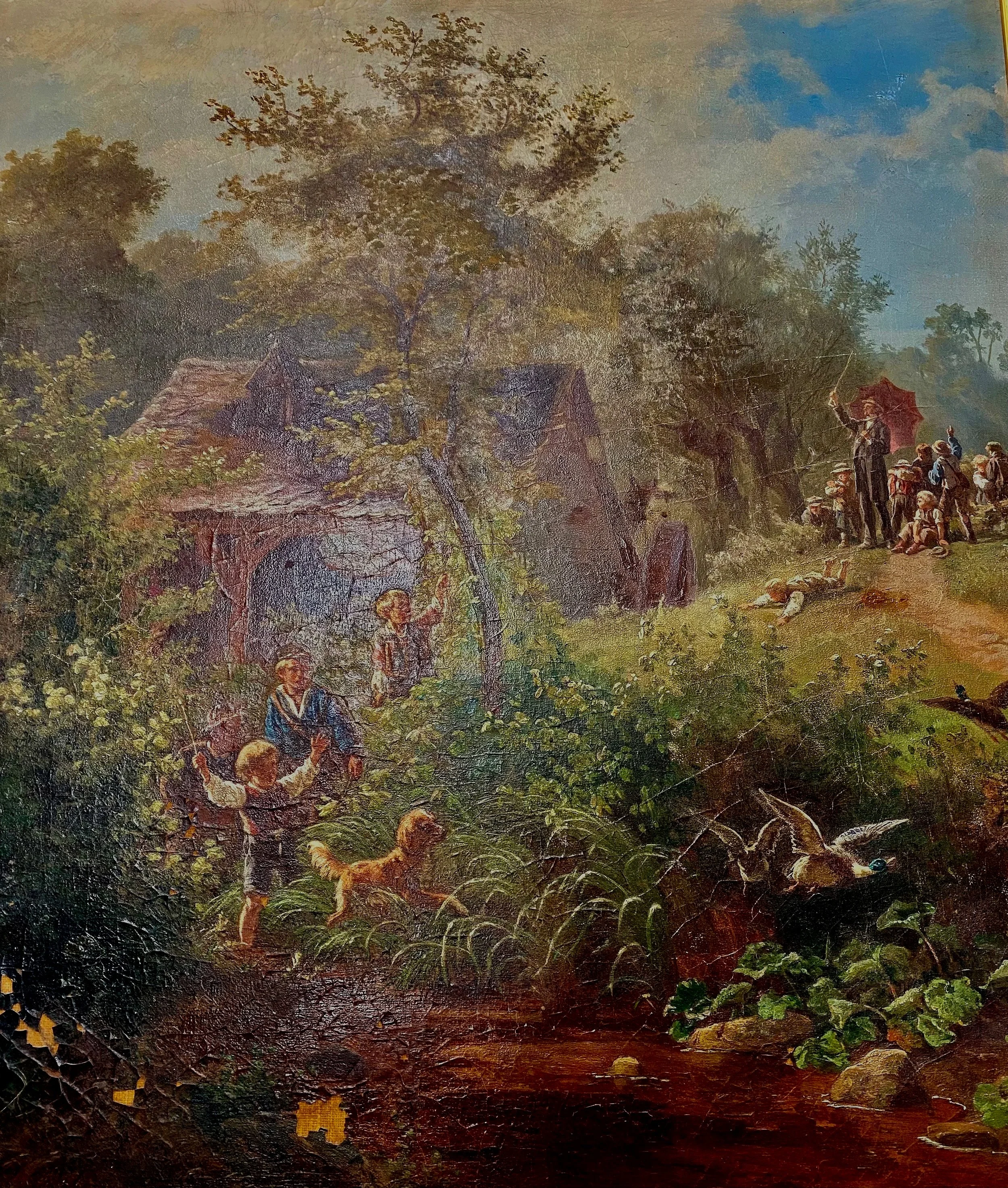 A rural scene with children playing near a stream, adults on a hill with parasols, a goose in the water, and a rustic house surrounded by trees under a cloudy sky.