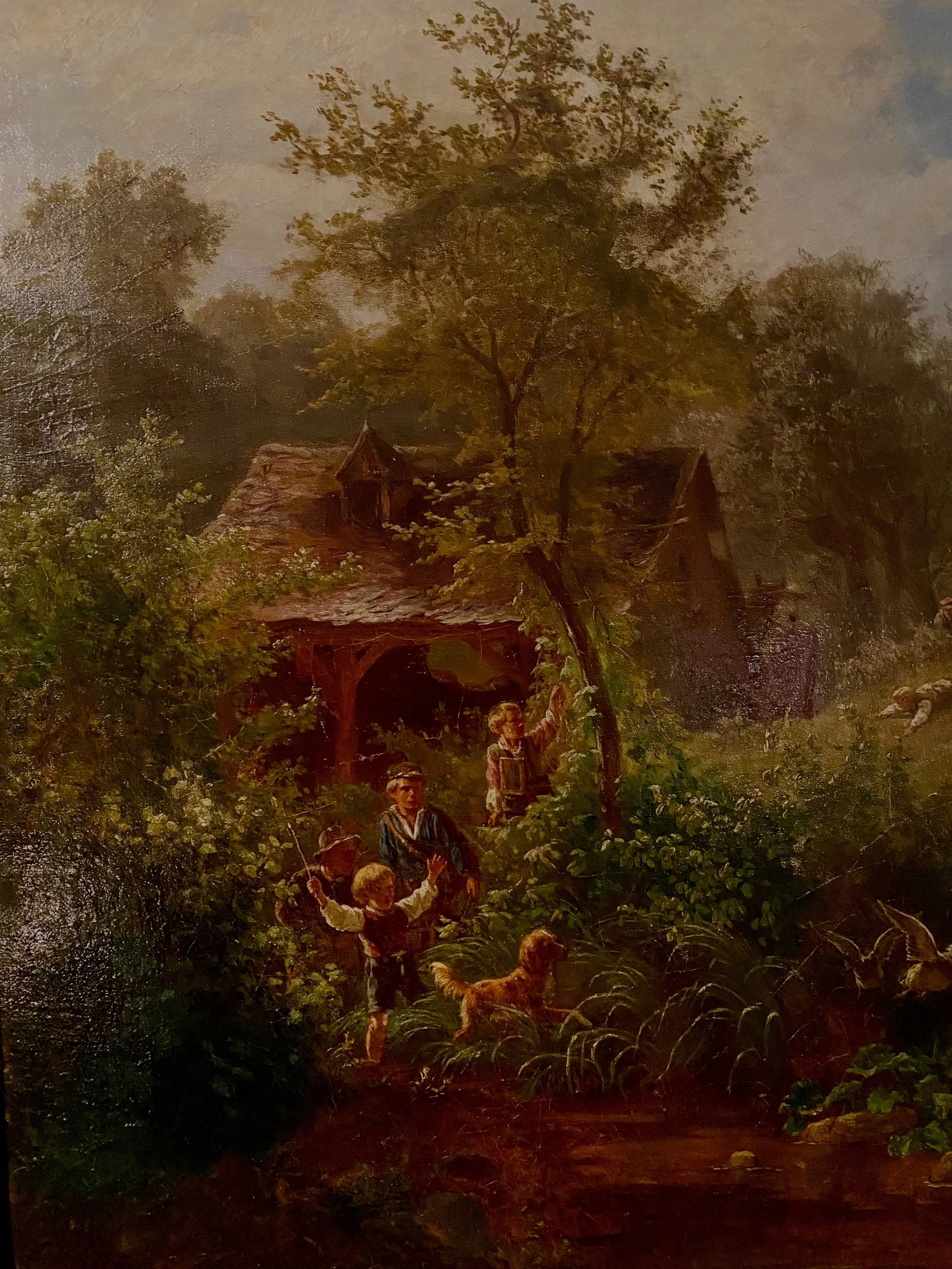 A painting of children playing outside near a house, surrounded by lush green trees and vegetation, with a fox in the foreground.