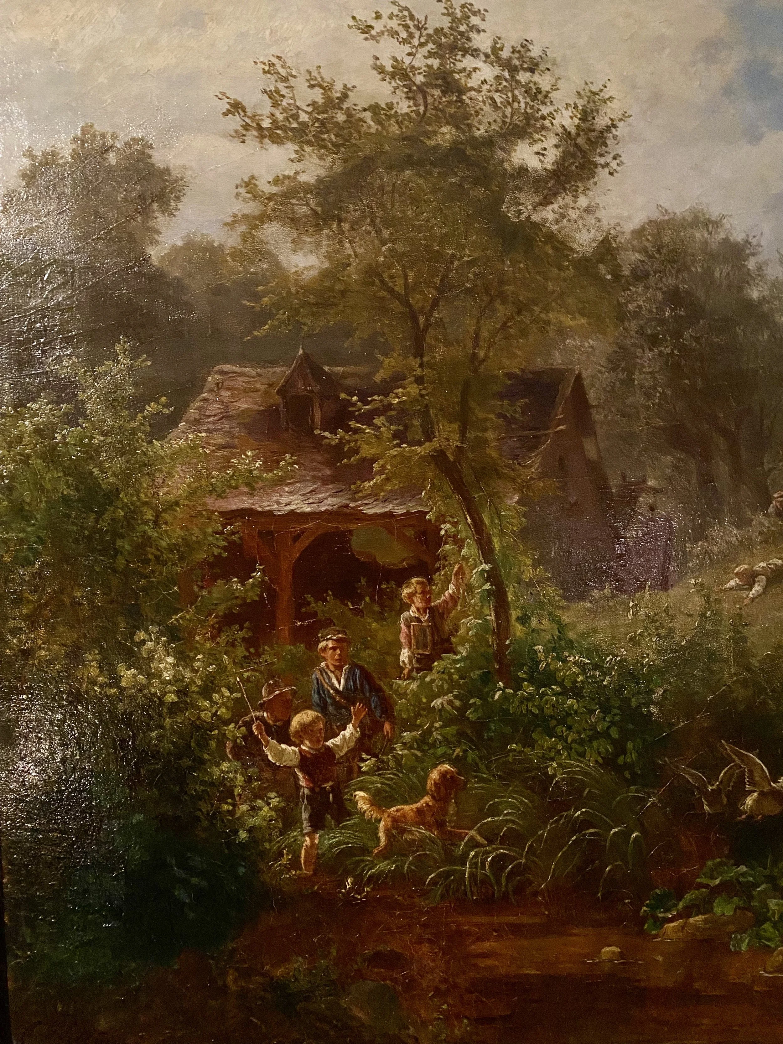 A painting of children playing outside near a house, surrounded by lush green trees and vegetation, with a fox in the foreground.