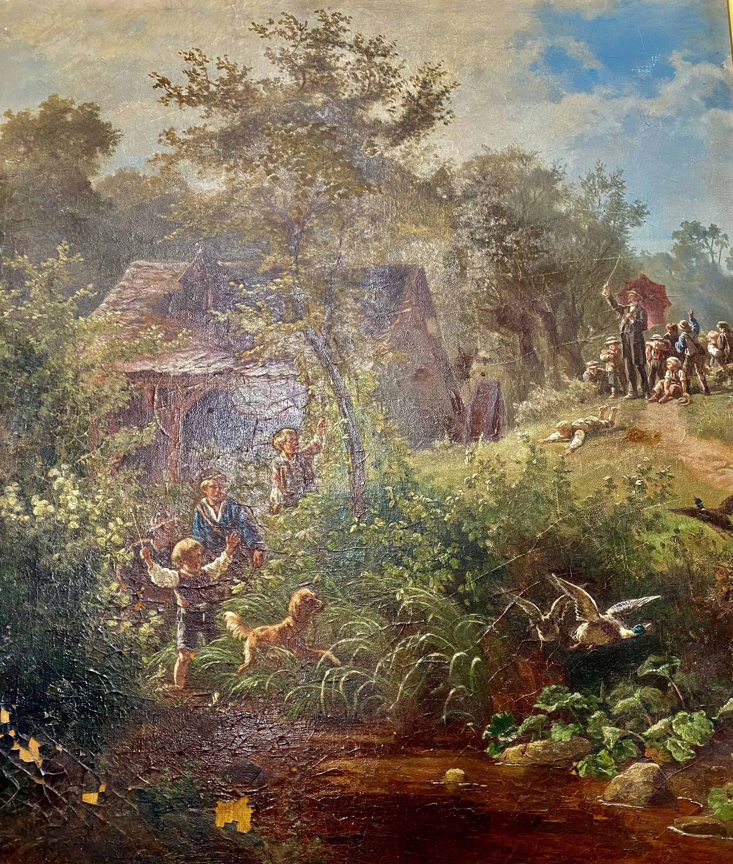 A rural scene with children playing near a stream, adults on a hill with parasols, a goose in the water, and a rustic house surrounded by trees under a cloudy sky.