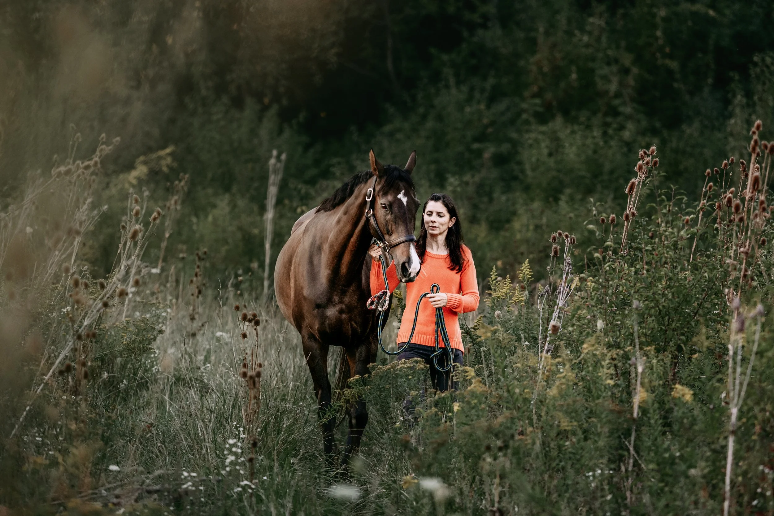 A woman in an orange sweater standing beside a brown horse on a grassy field surrounded by wildflowers.